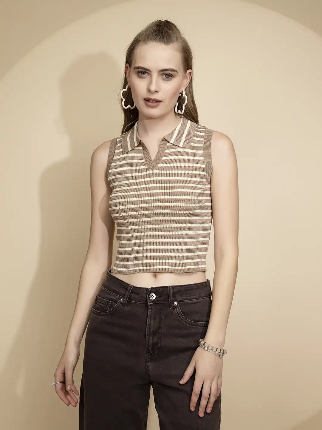 Beige Viscose Striped Slim Crop Top - Image 8