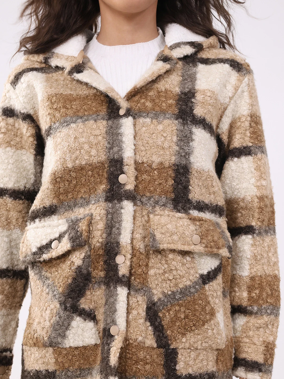 Beige Wool Blend Checked Hooded Jacket - Image 10