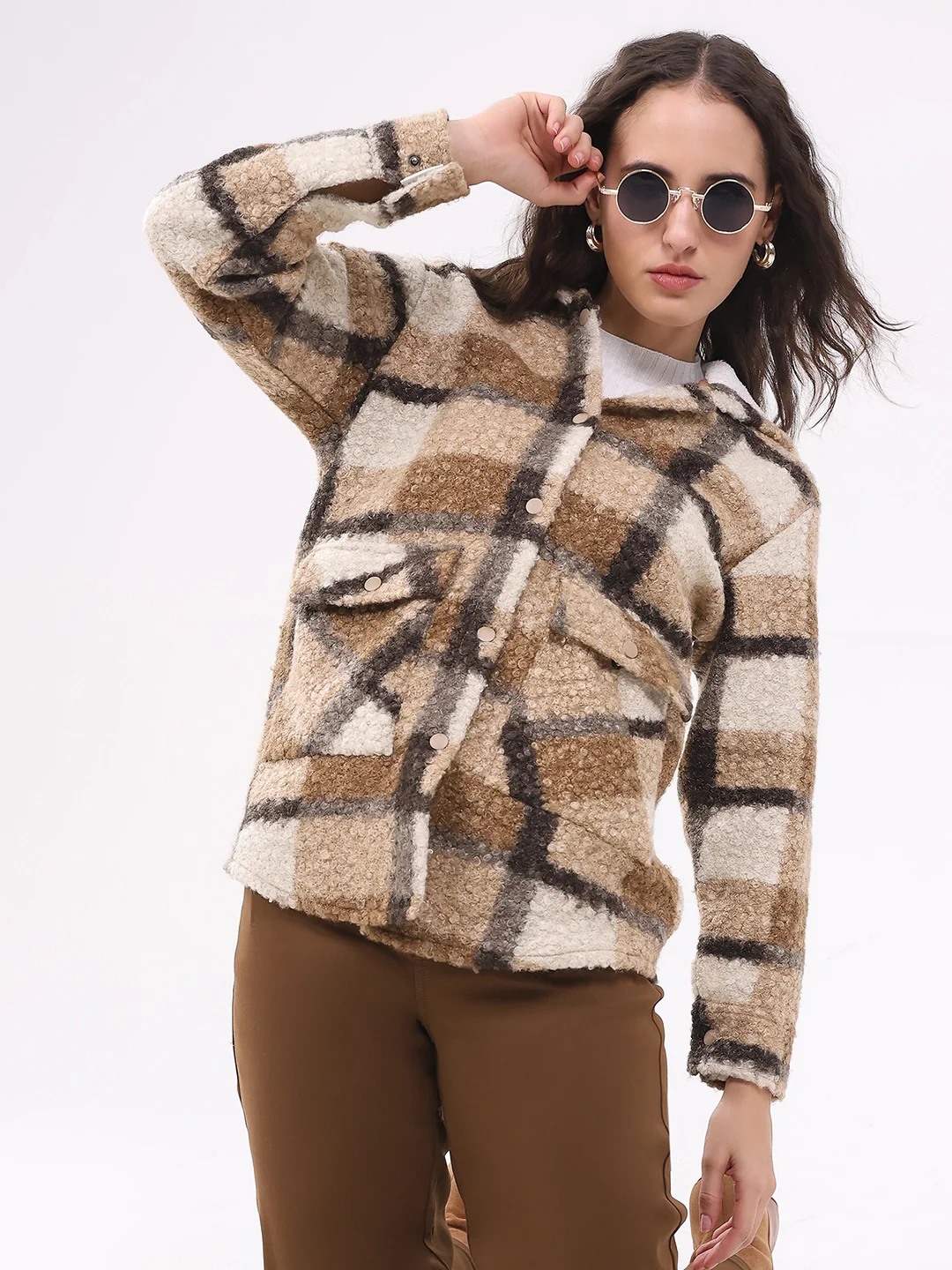 Beige Wool Blend Checked Hooded Jacket - Image 11