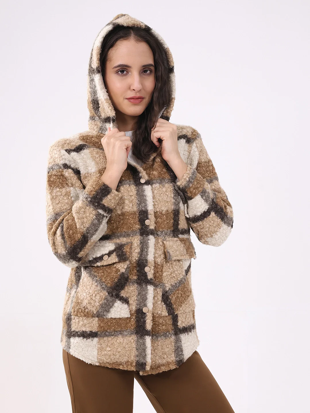 Beige Wool Blend Checked Hooded Jacket - Image 12