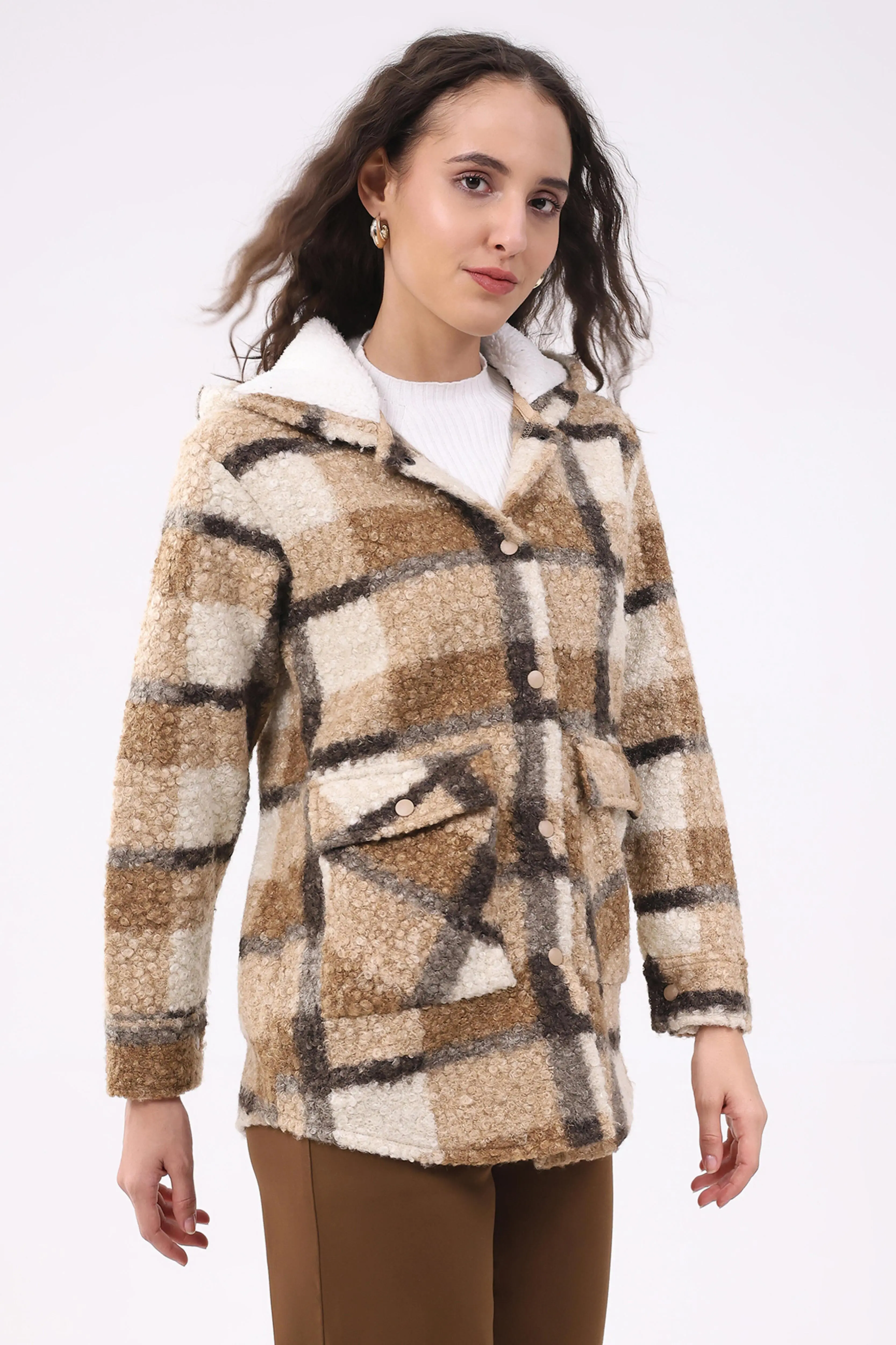 Beige Wool Blend Checked Hooded Jacket - Image 3