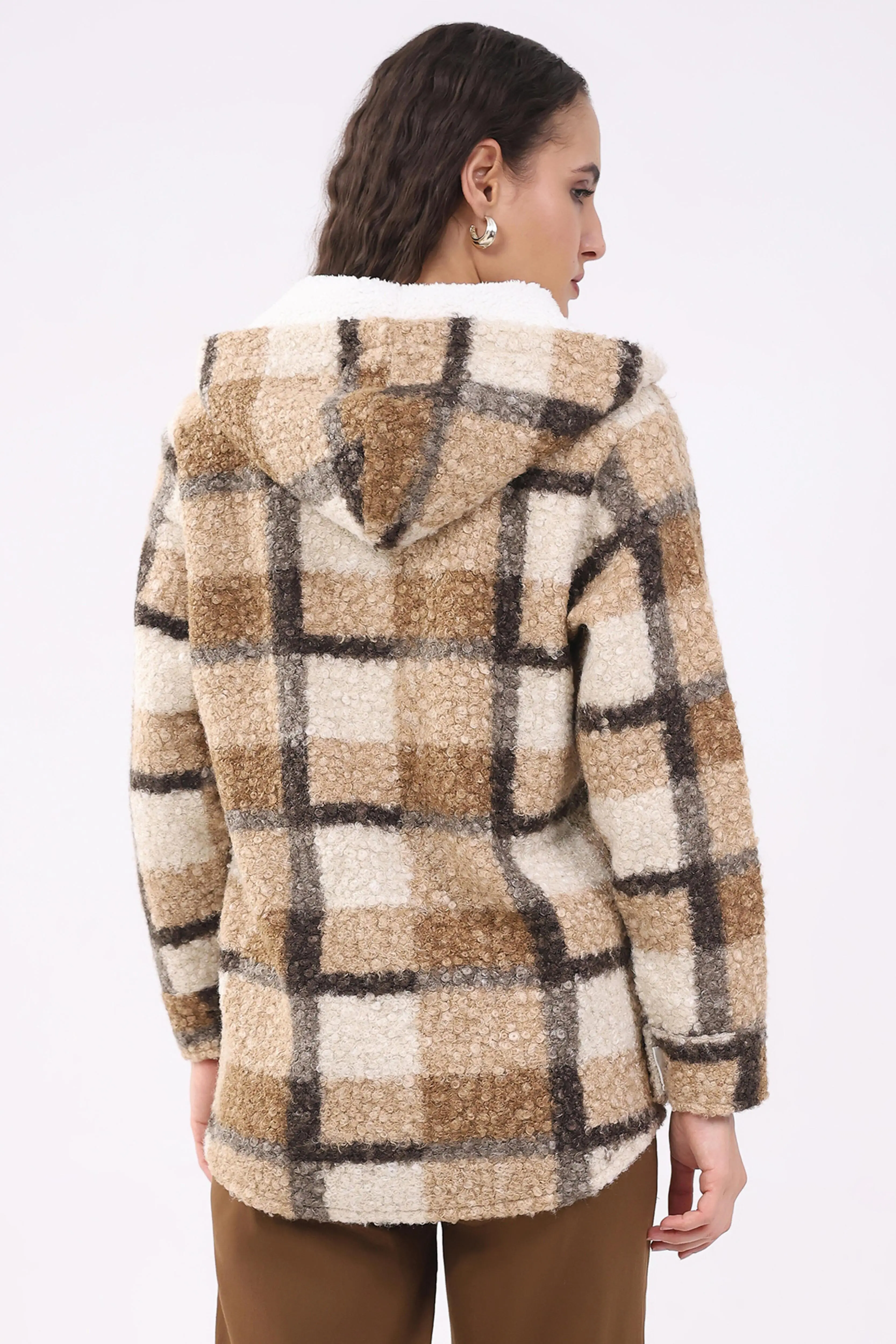 Beige Wool Blend Checked Hooded Jacket - Image 4