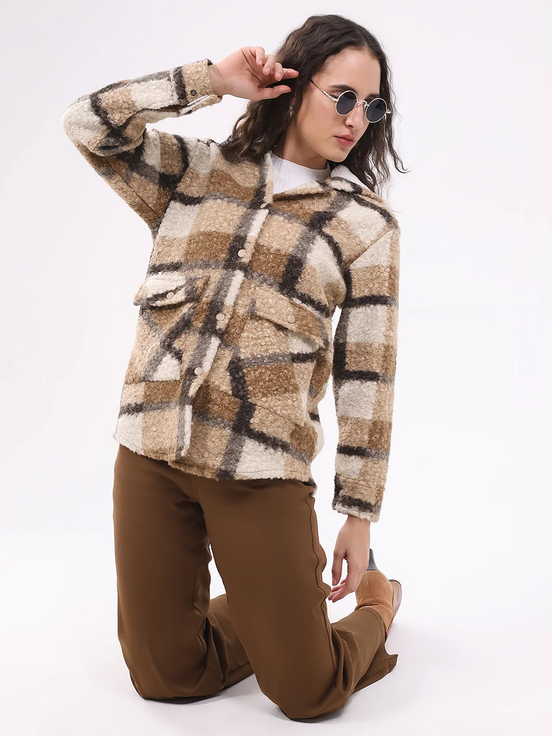 Beige Wool Blend Checked Hooded Jacket - Image 5