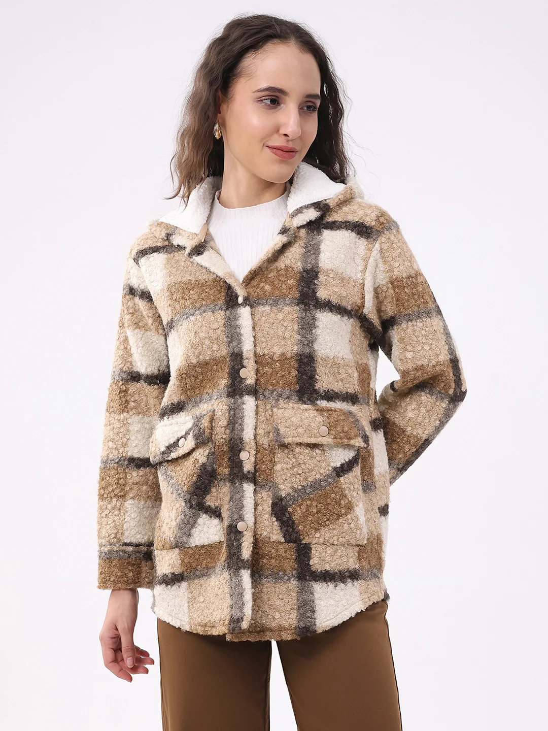 Beige Wool Blend Checked Hooded Jacket - Image 6