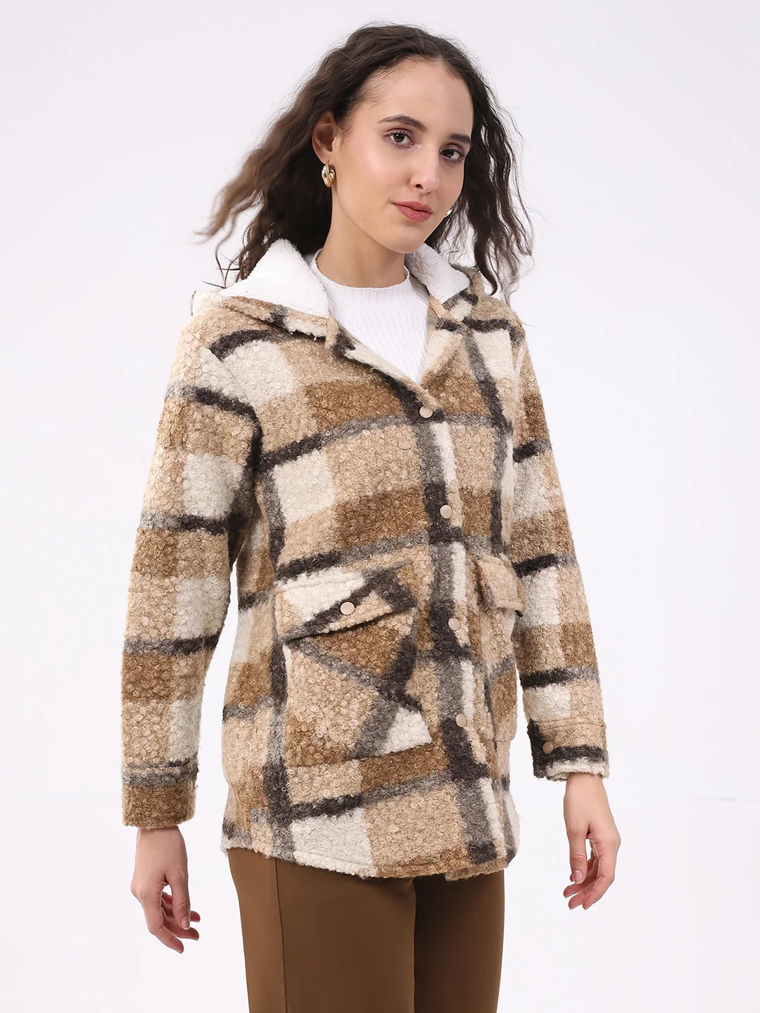 Beige Wool Blend Checked Hooded Jacket - Image 7