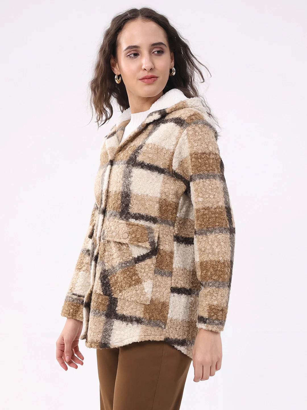 Beige Wool Blend Checked Hooded Jacket - Image 8