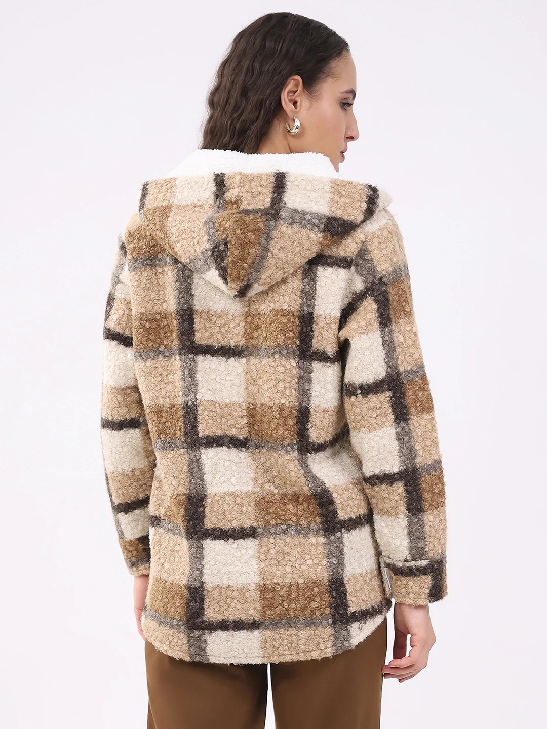 Beige Wool Blend Checked Hooded Jacket - Image 9
