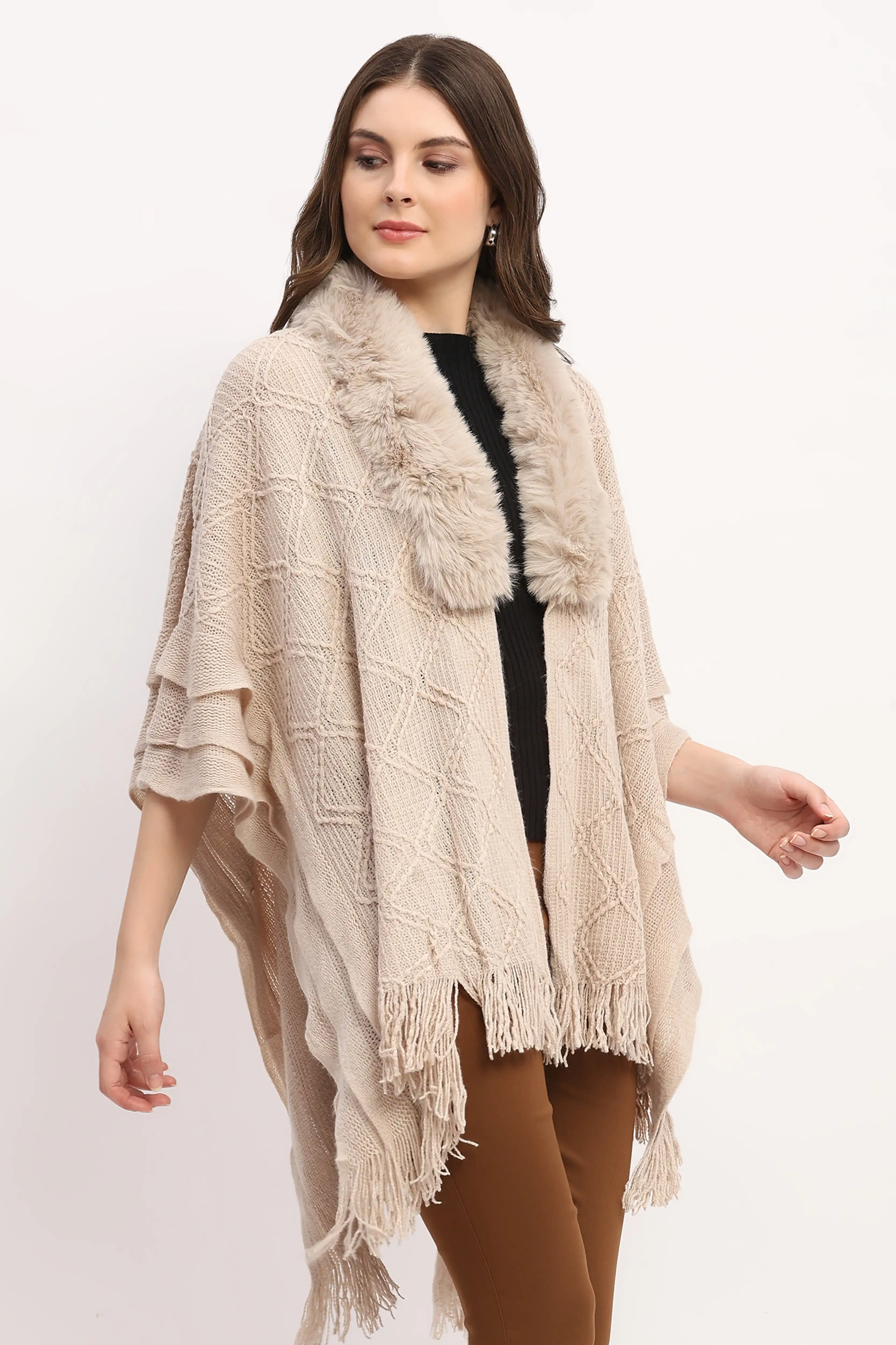 Beige Woven Winter Cape - Image 3