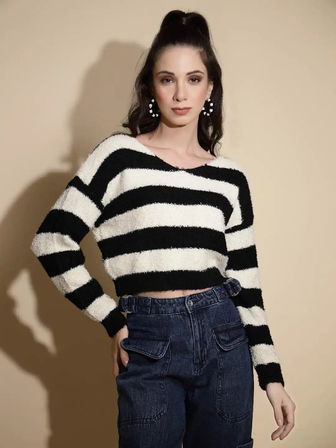 Black & Cream Striped Acrylic Pullover - Image 9
