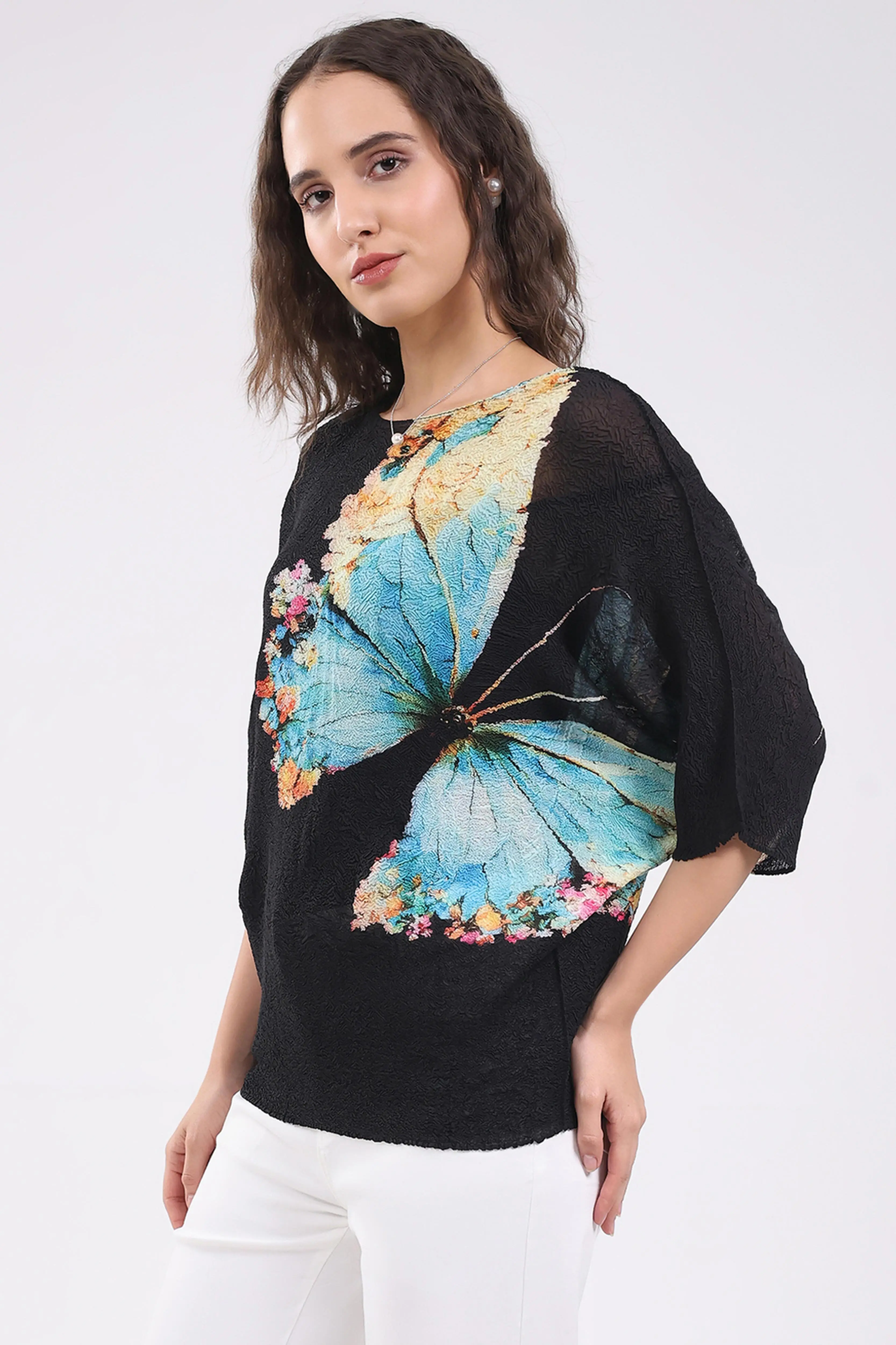 Black Butterfly Print Stretchable Top - Image 2