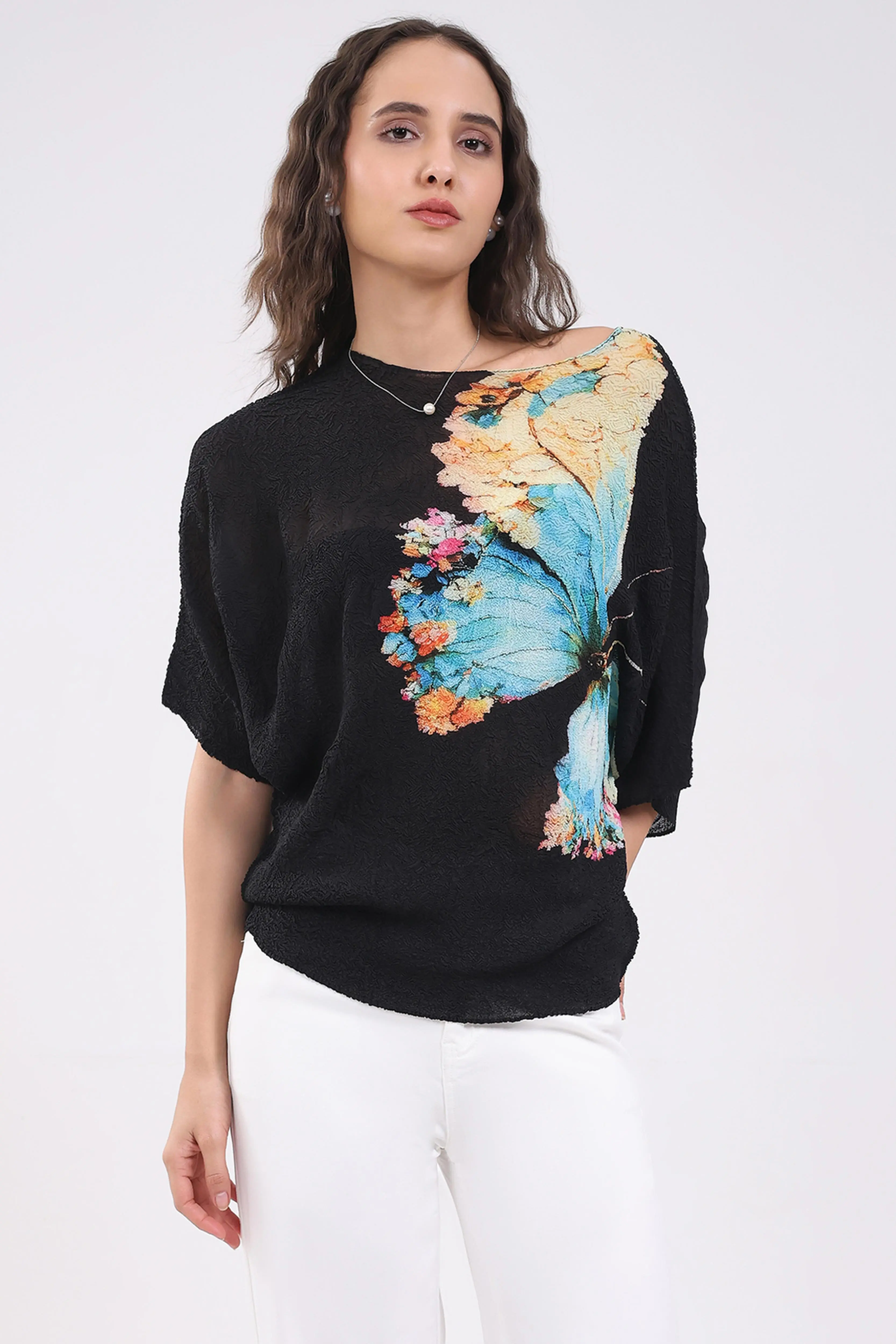 Black Butterfly Print Stretchable Top - Image 5
