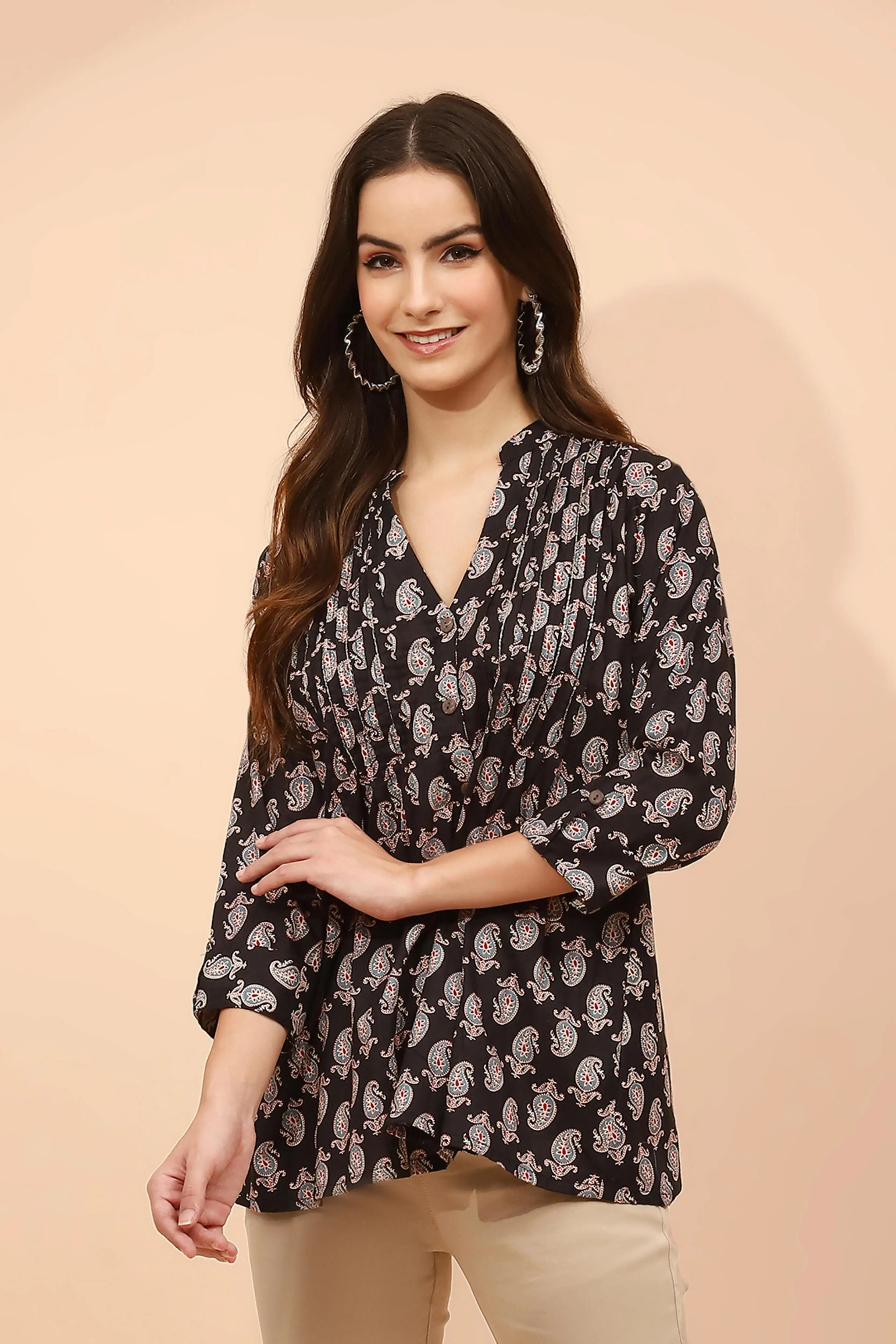 Black Paisley Print Cotton Tunic