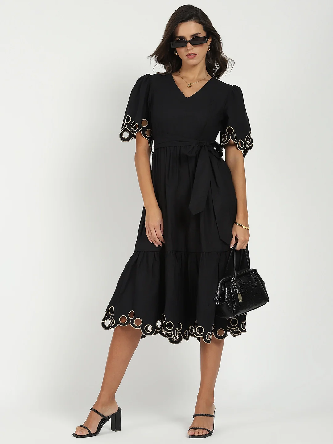 Black Cut Work Tiered Dress - Image 11