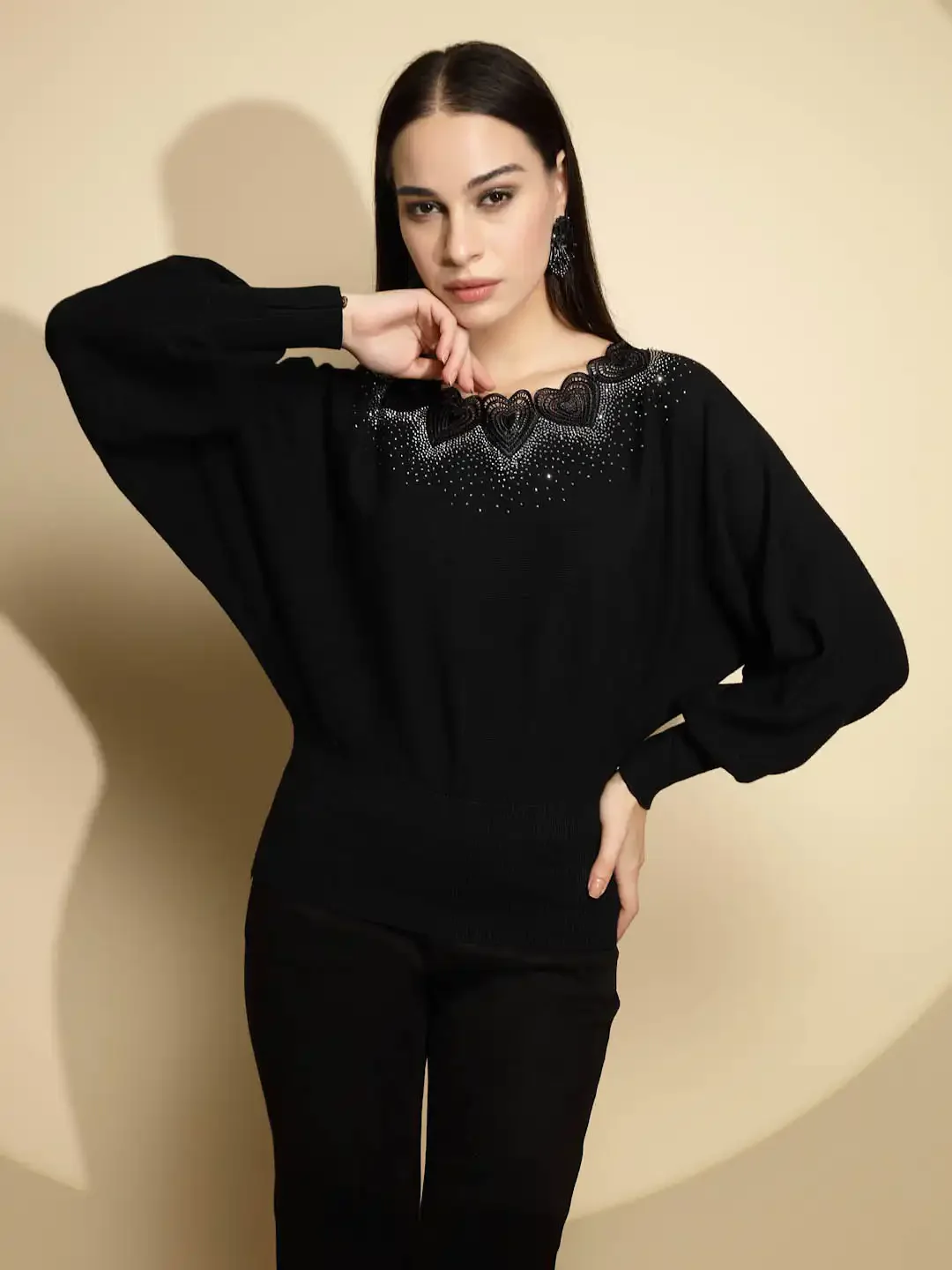 Black Embellished Full Sleeve Boat Neck Acrylic Pullover