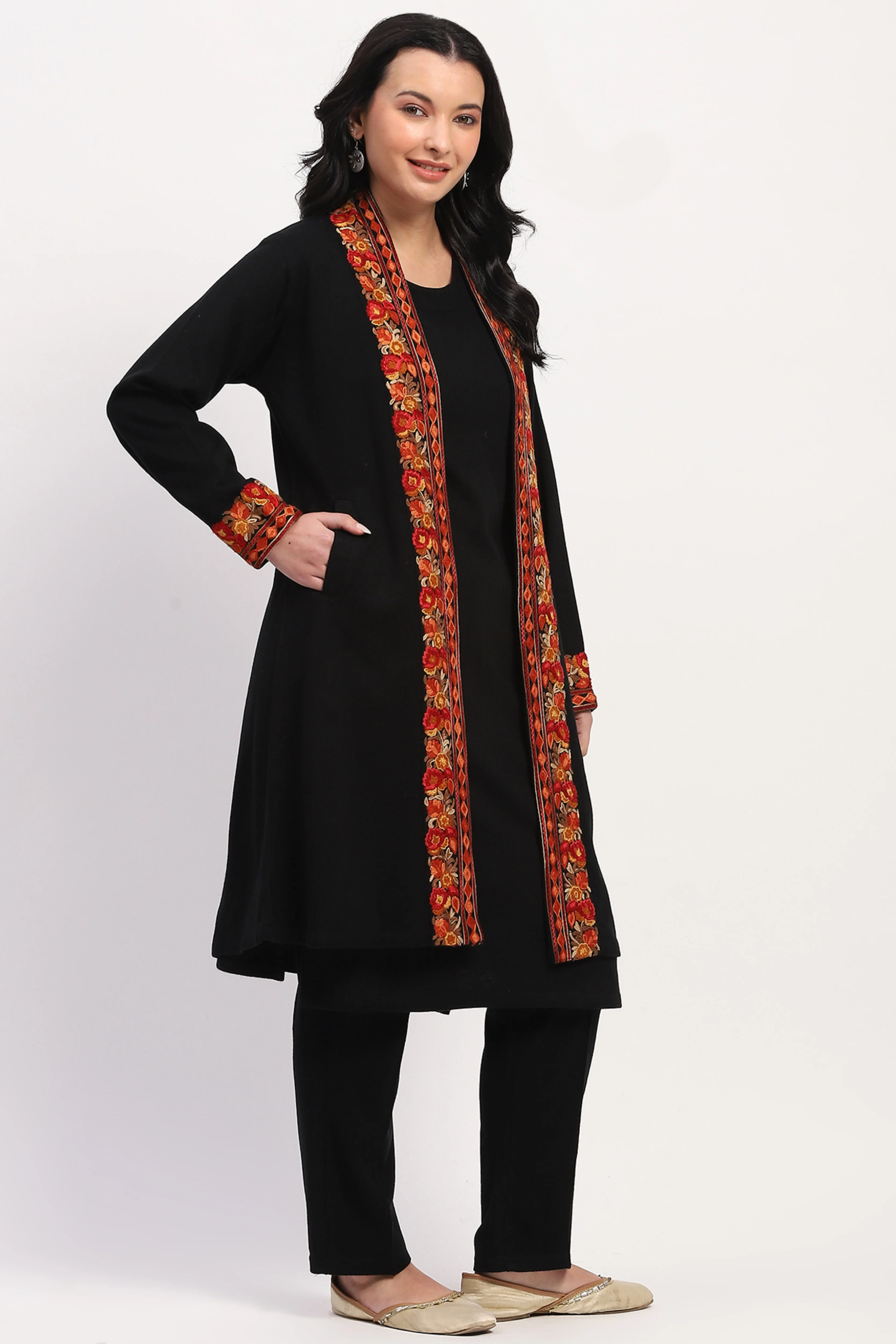 Black Embroidered Winter Ethnic Shrug - Image 2
