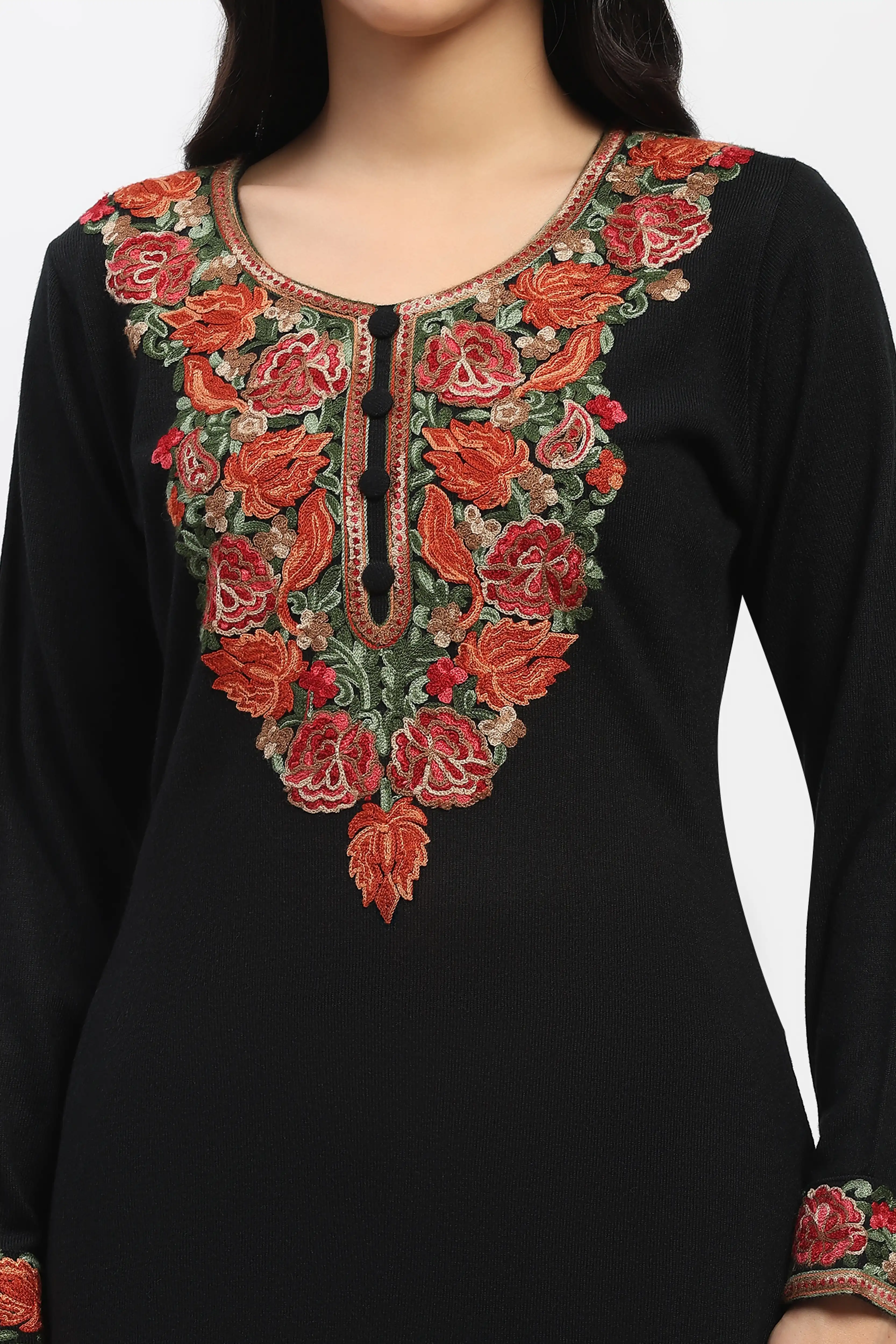 Black Floral Embroidered Winter Kurta - Image 6