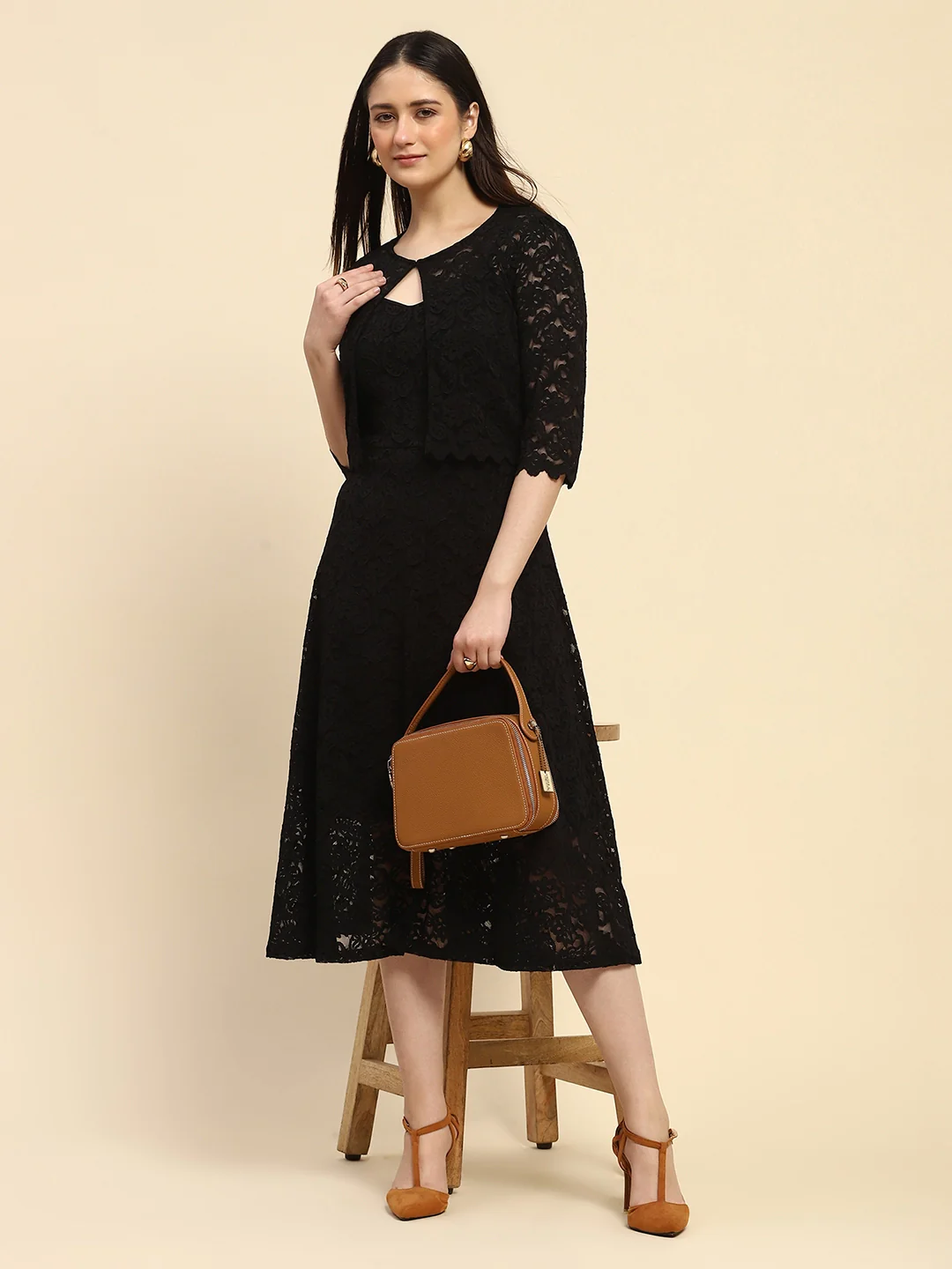 Black Floral Lace Fit & Flare Dress - Image 12
