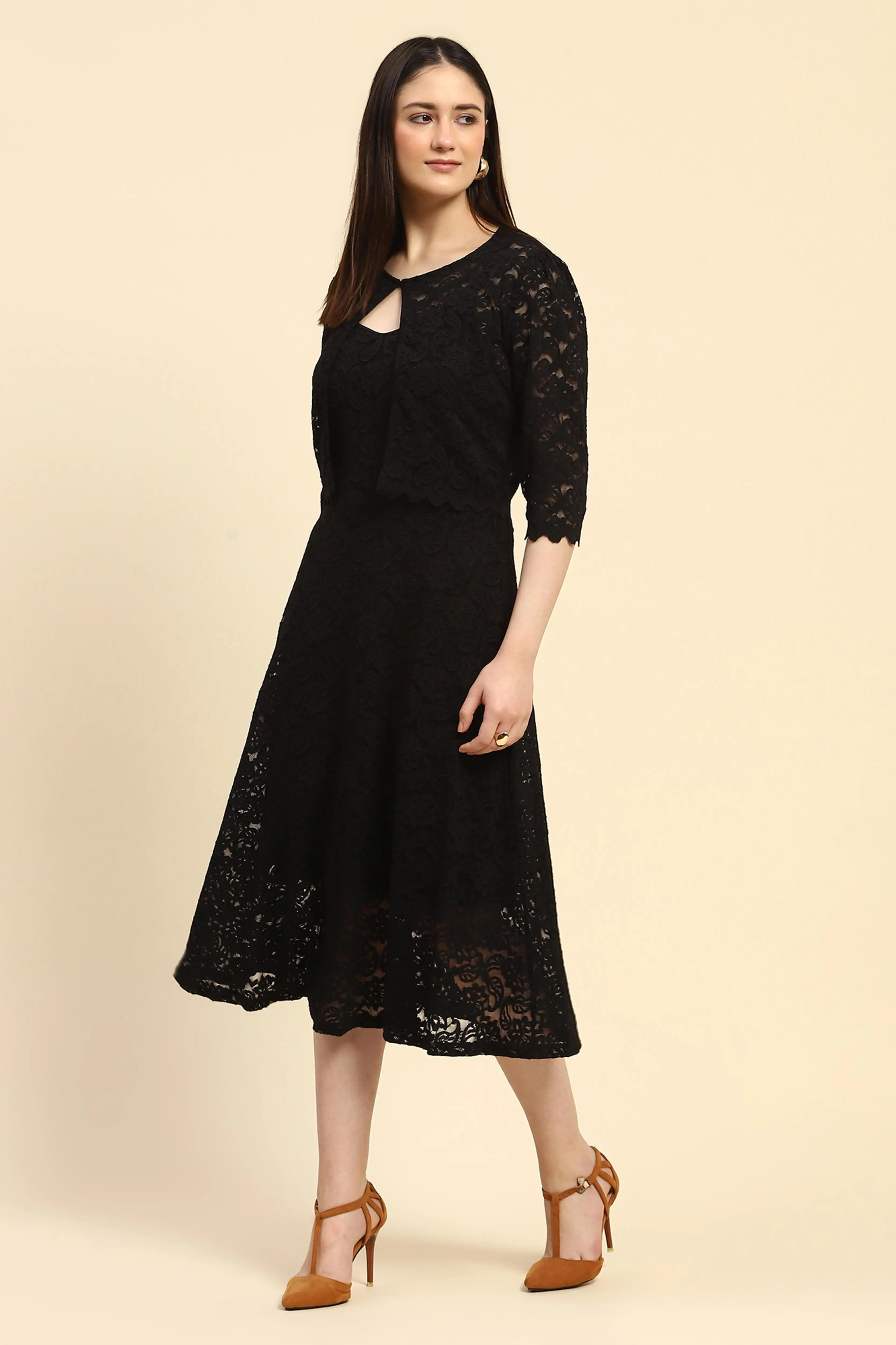 Black Floral Lace Fit & Flare Dress - Image 2