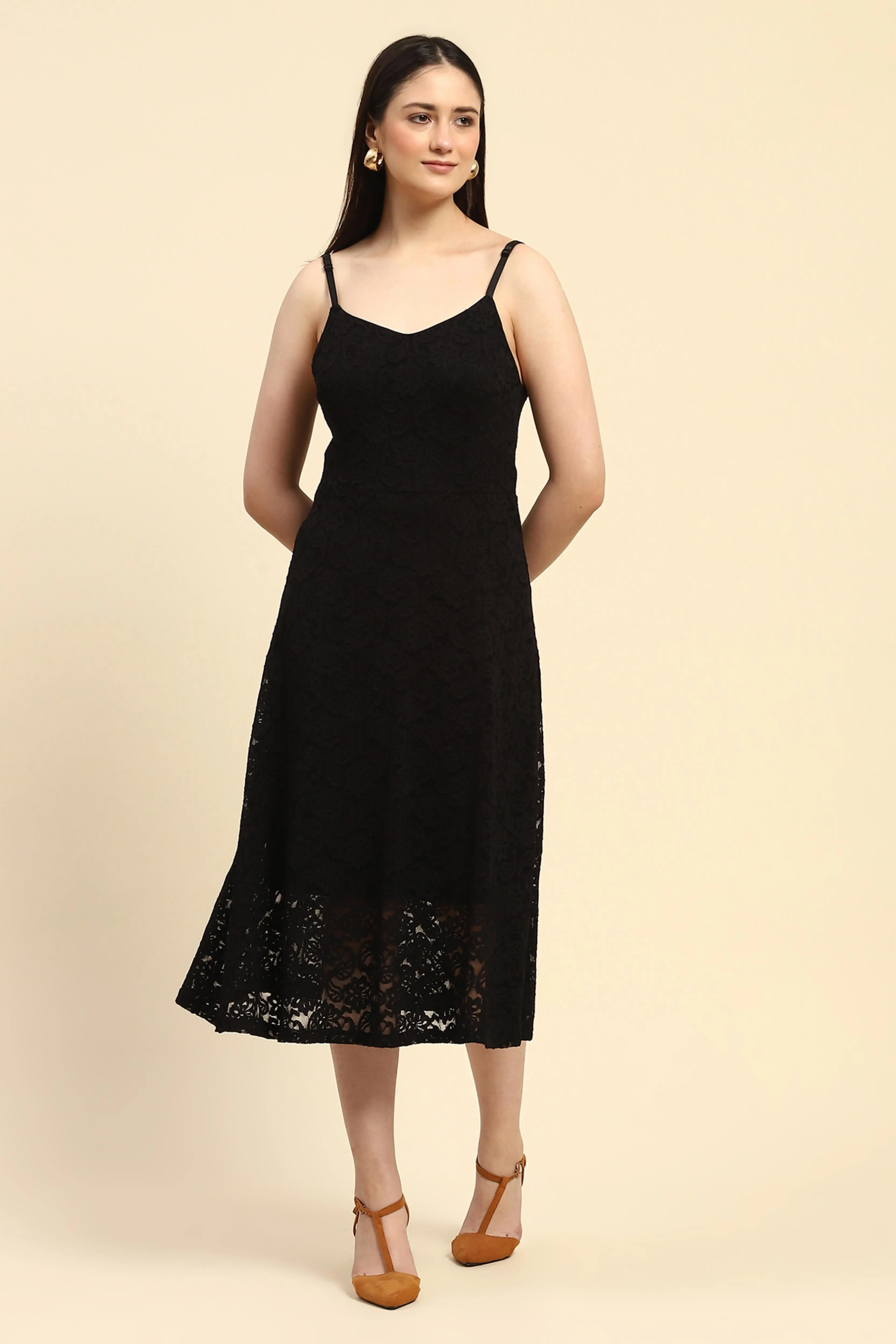 Black Floral Lace Fit & Flare Dress - Image 7