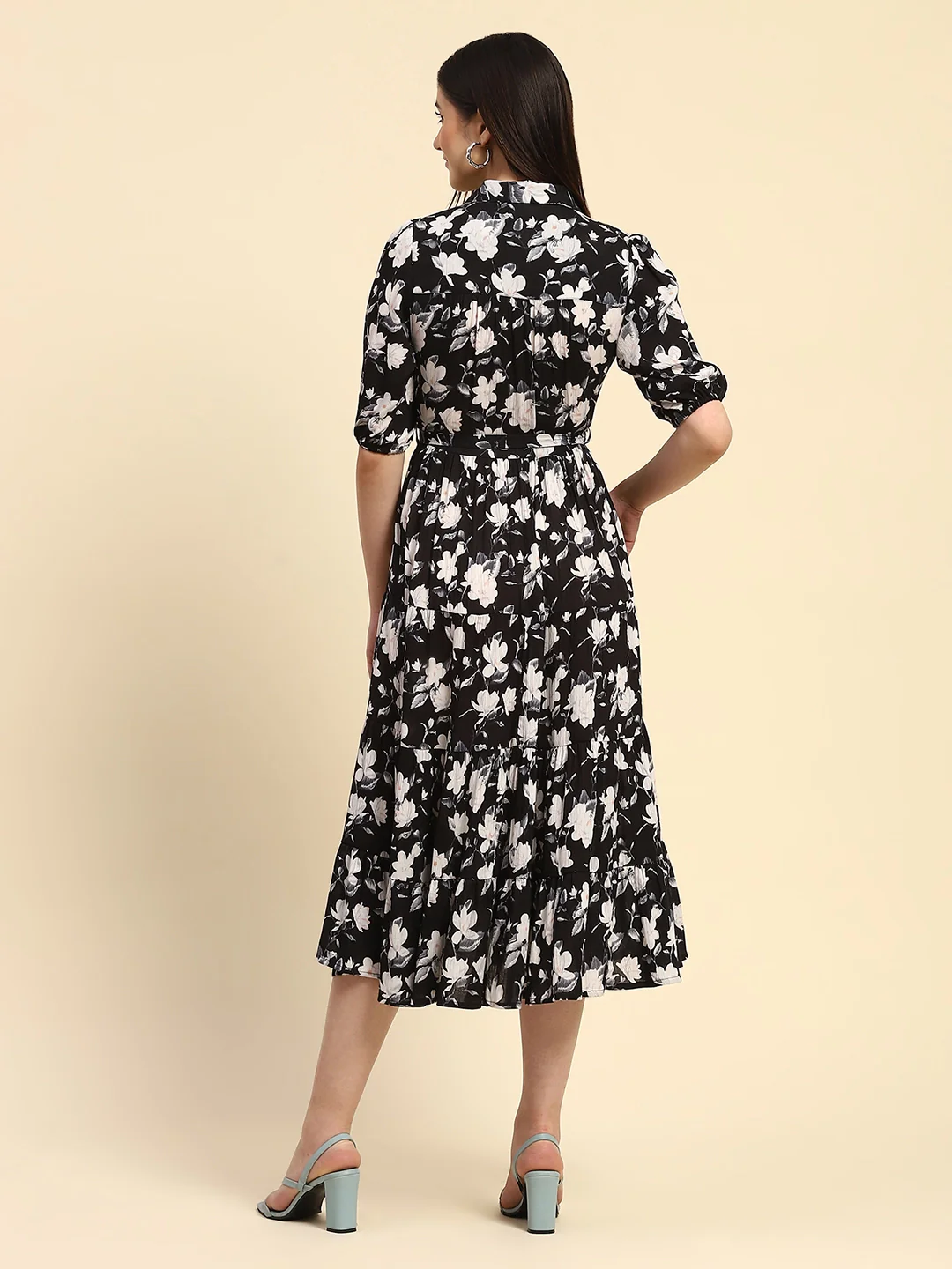 Black Floral Print Rayon Dress - Image 10