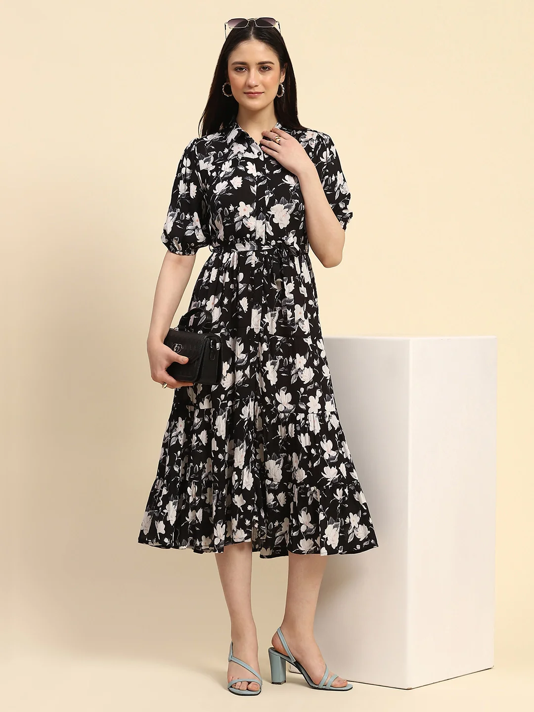 Black Floral Print Rayon Dress - Image 12