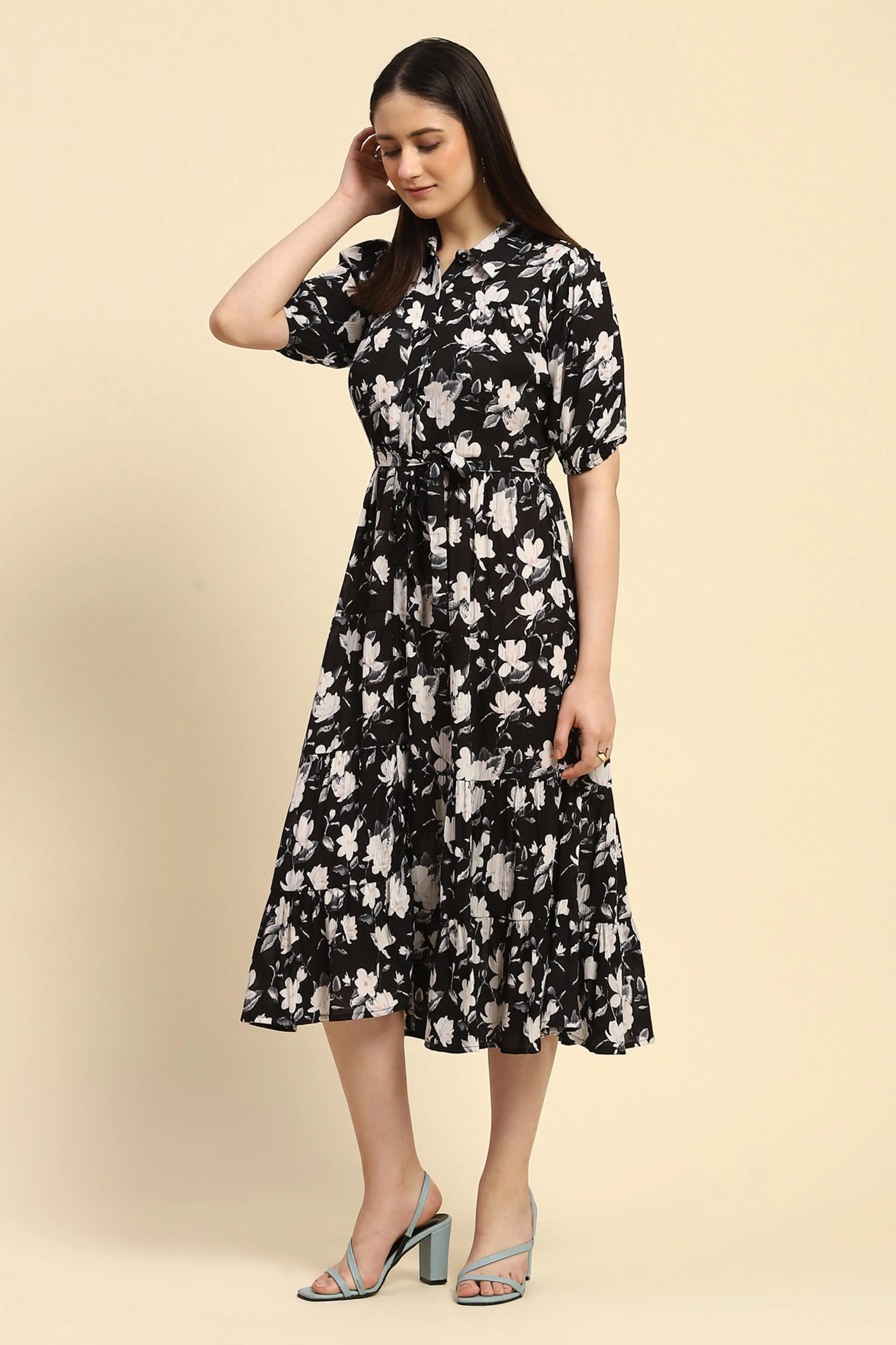 Black Floral Print Rayon Dress - Image 2
