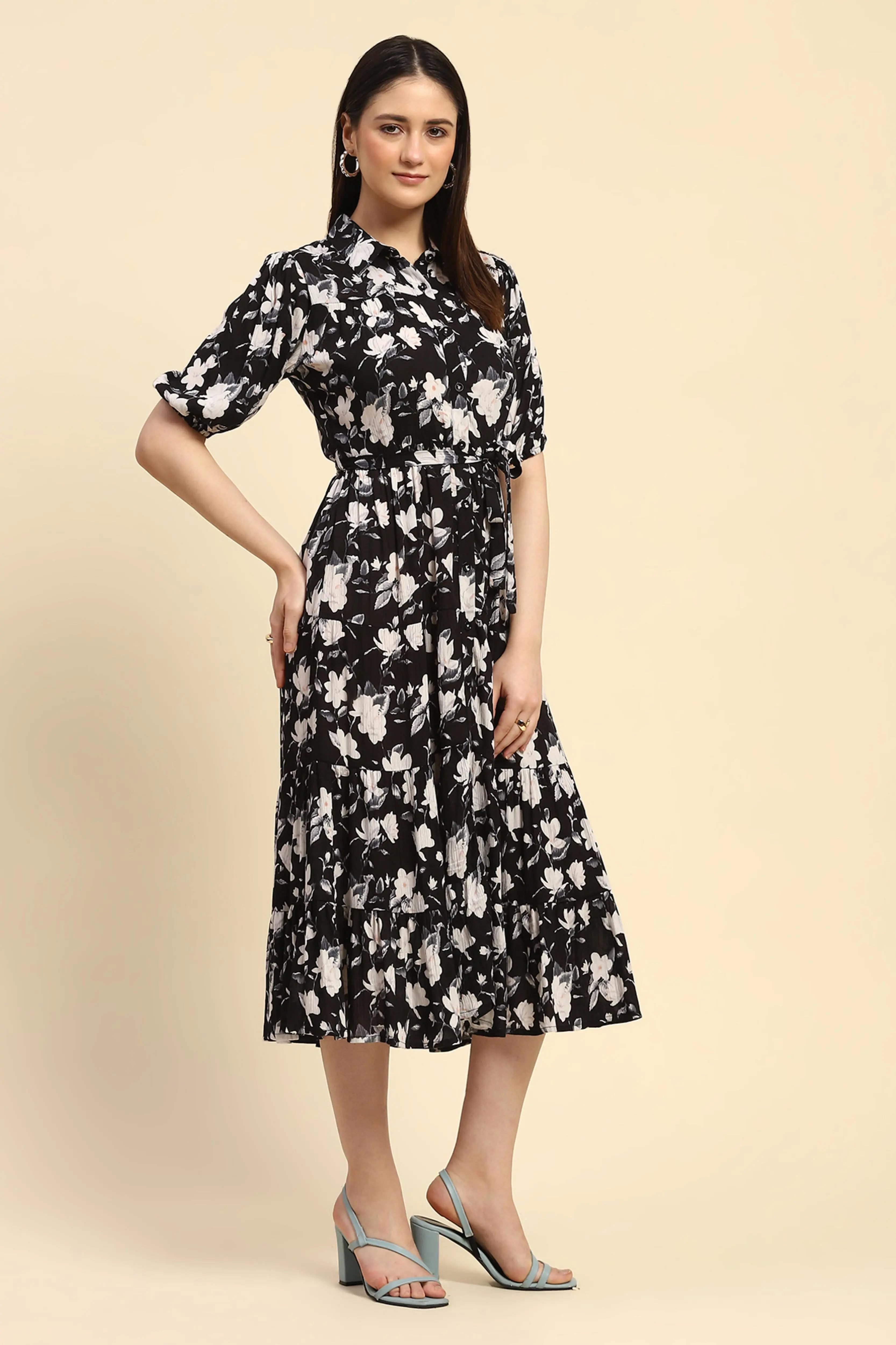 Black Floral Print Rayon Dress - Image 3