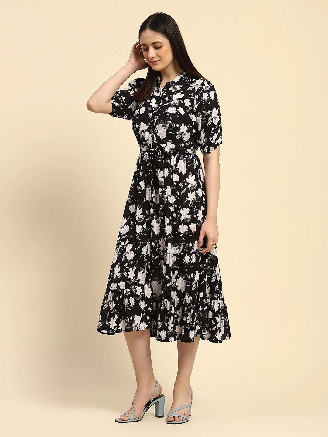 Black Floral Print Rayon Dress - Image 8