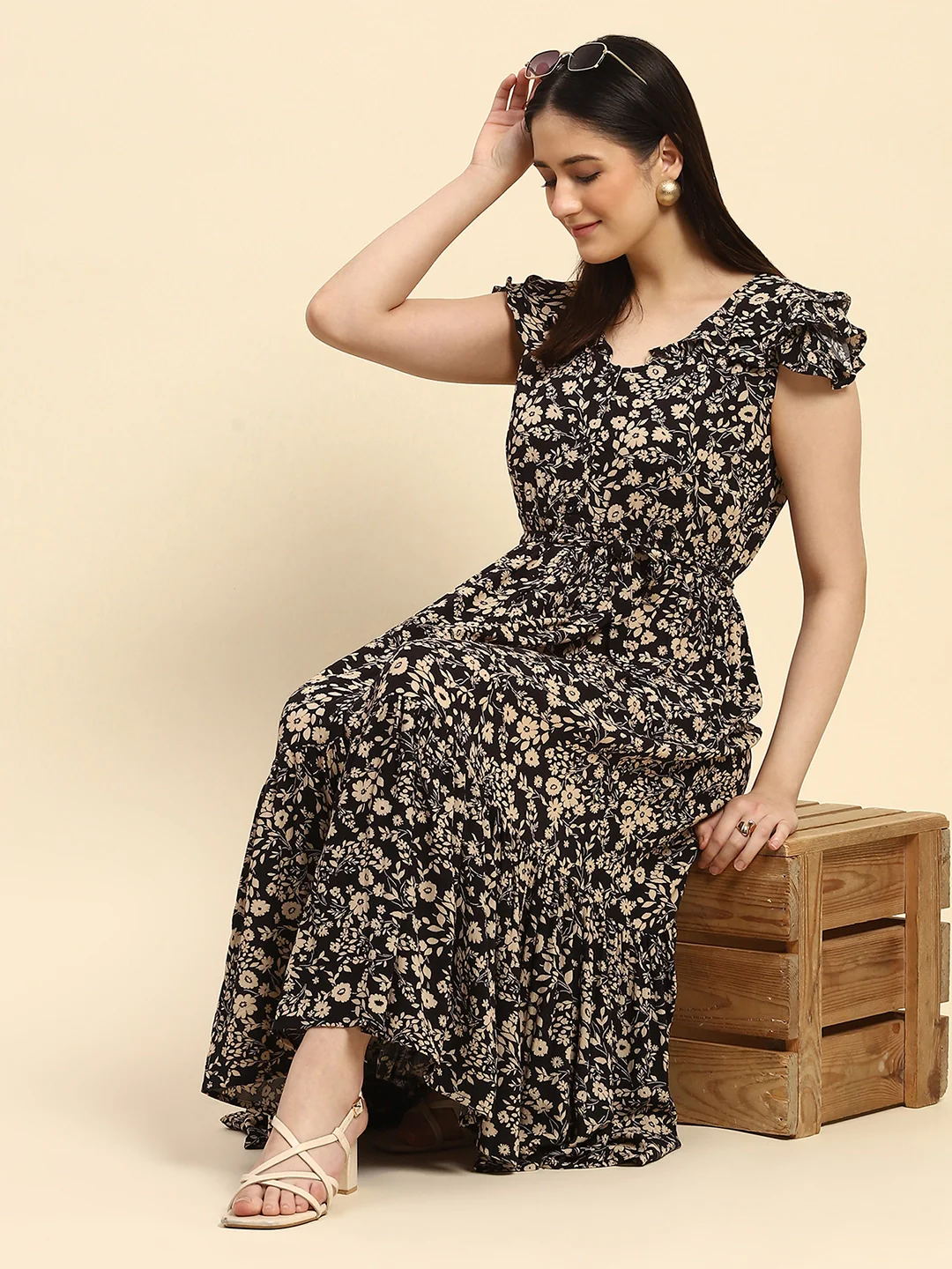 Black Floral Rayon Fit & Flare Dress - Image 4