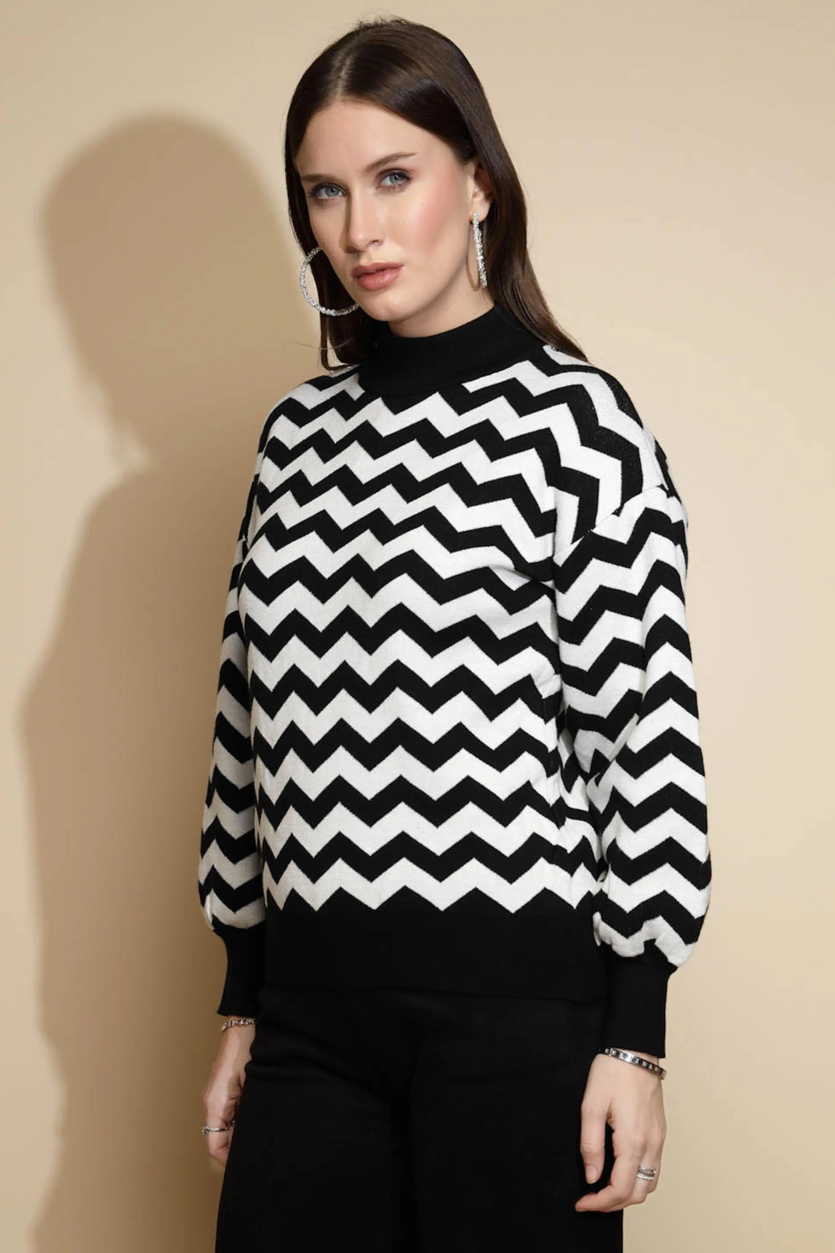 Black Geometric Print Acrylic Pullover - Image 2