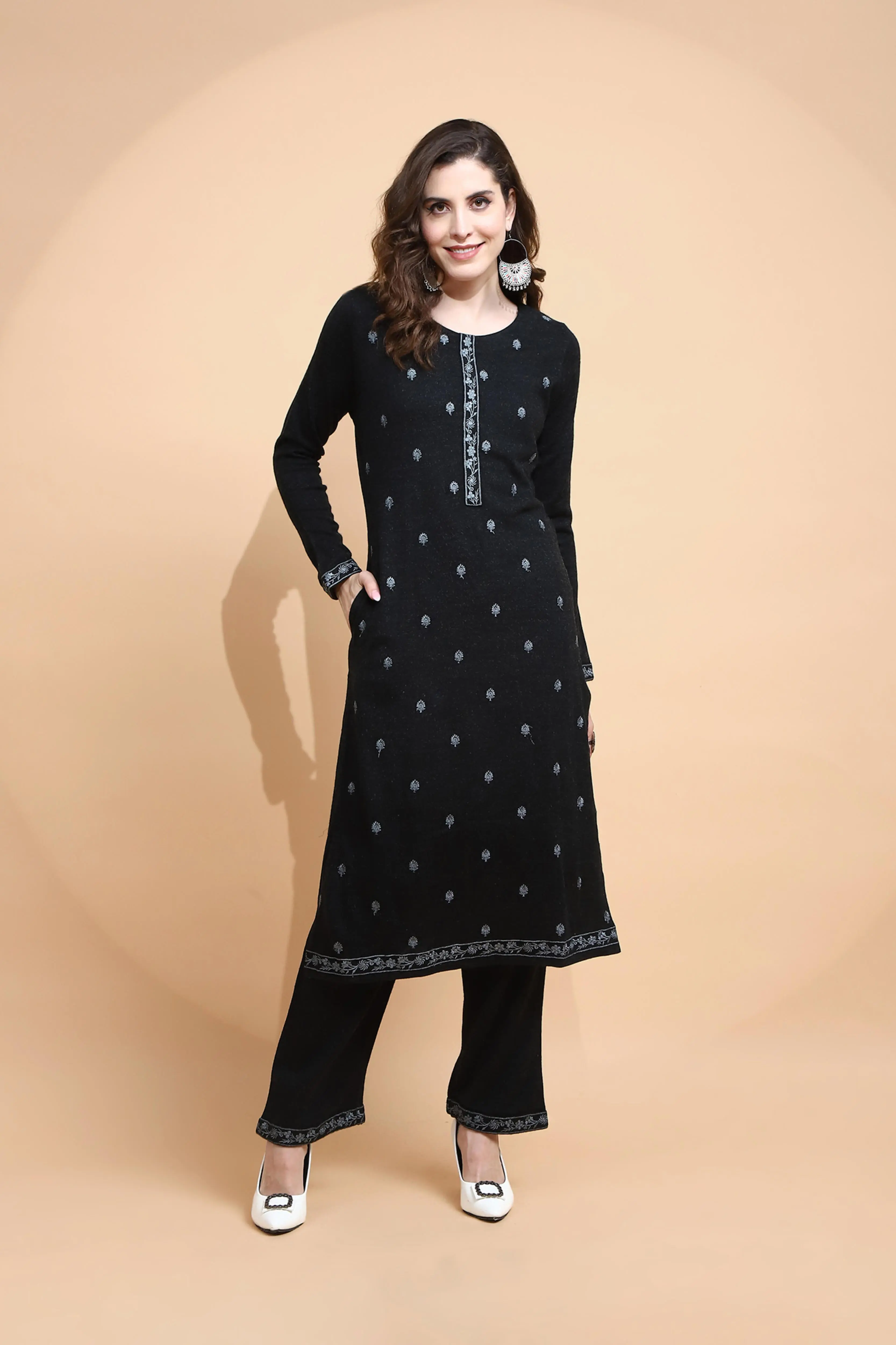Black Embroidered Wool Blend Kurta Set