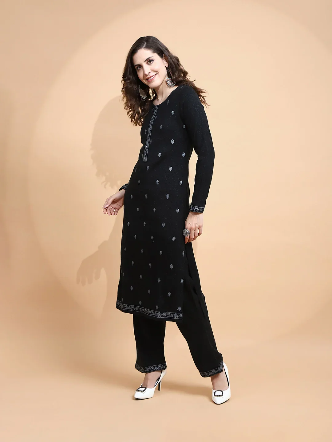 Black Embroidered Wool Blend Kurta Set - Image 10