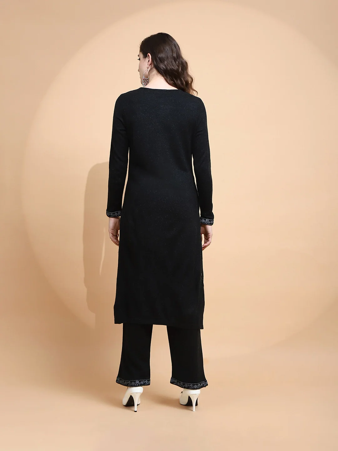 Black Embroidered Wool Blend Kurta Set - Image 14