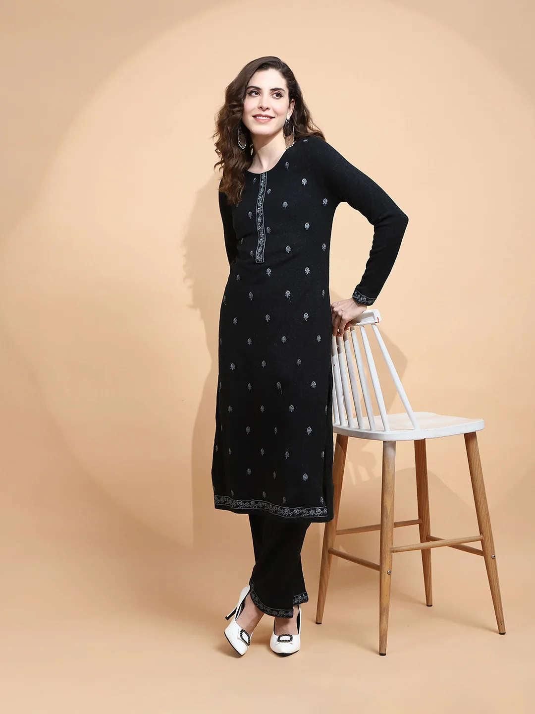 Black Embroidered Wool Blend Kurta Set - Image 16
