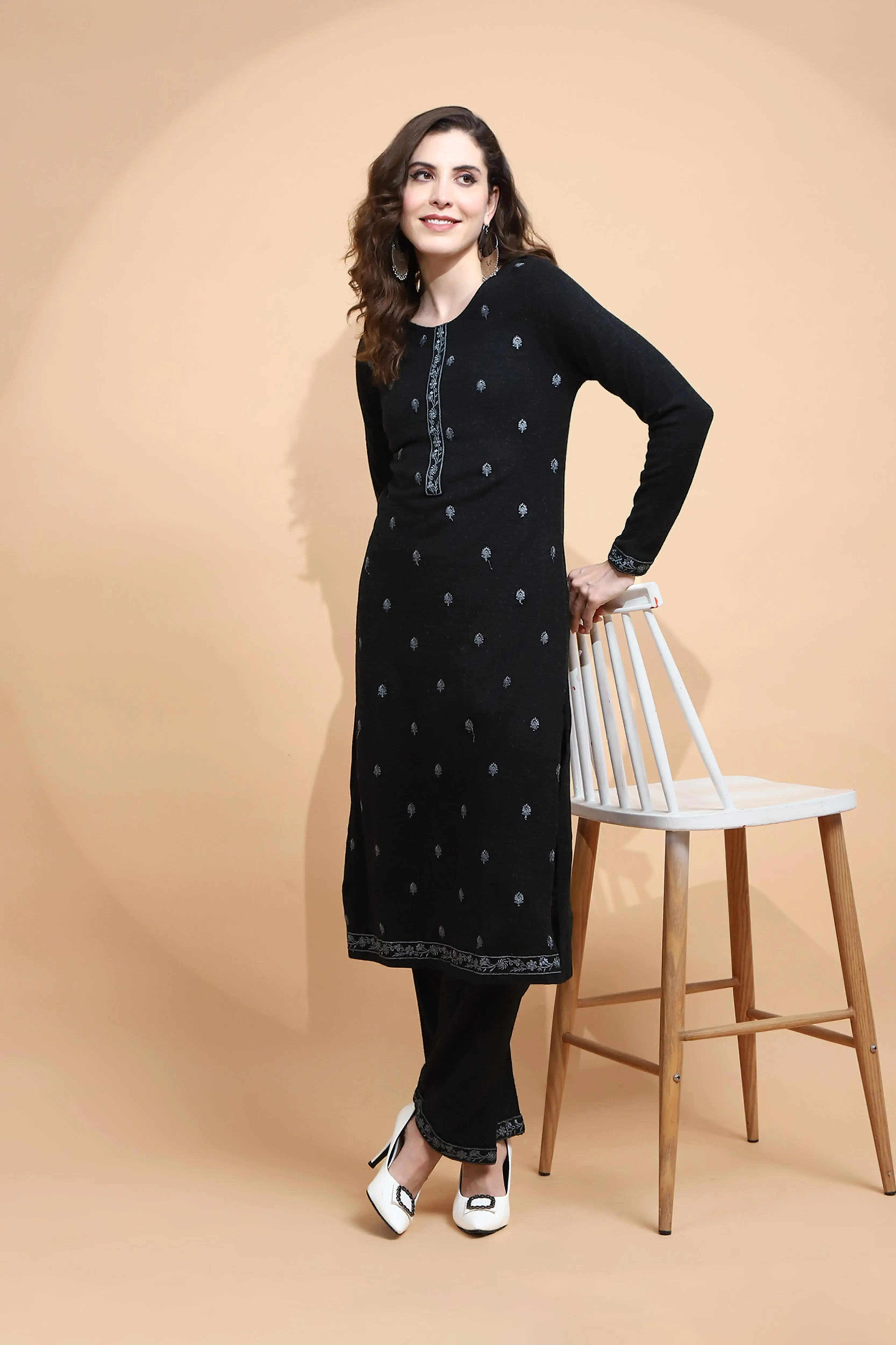 Black Embroidered Wool Blend Kurta Set - Image 7