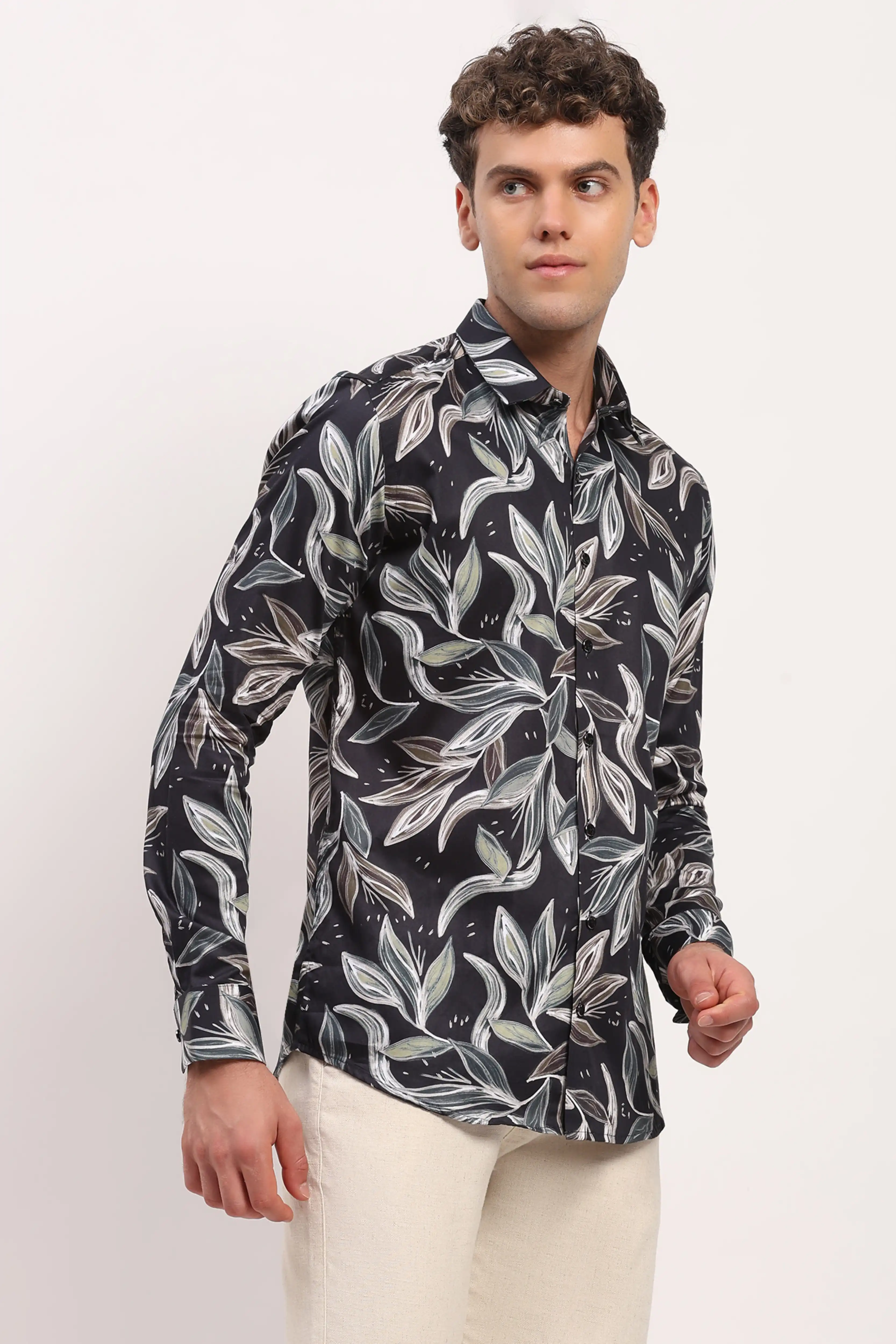 Black Leaf-Print Cotton Shirt - Image 3