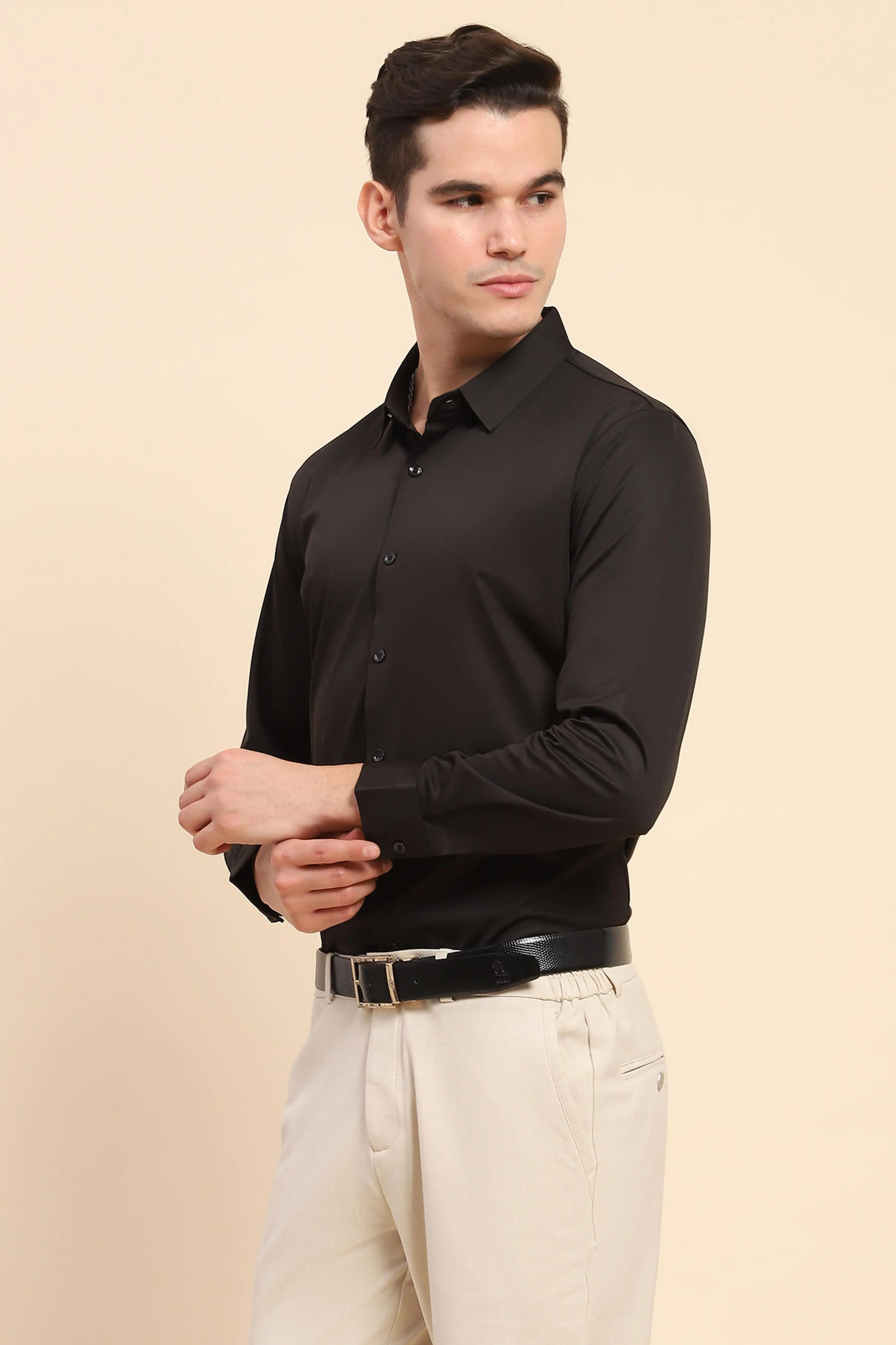 Black Nylon Blend Solid Formal Shirt - Image 2