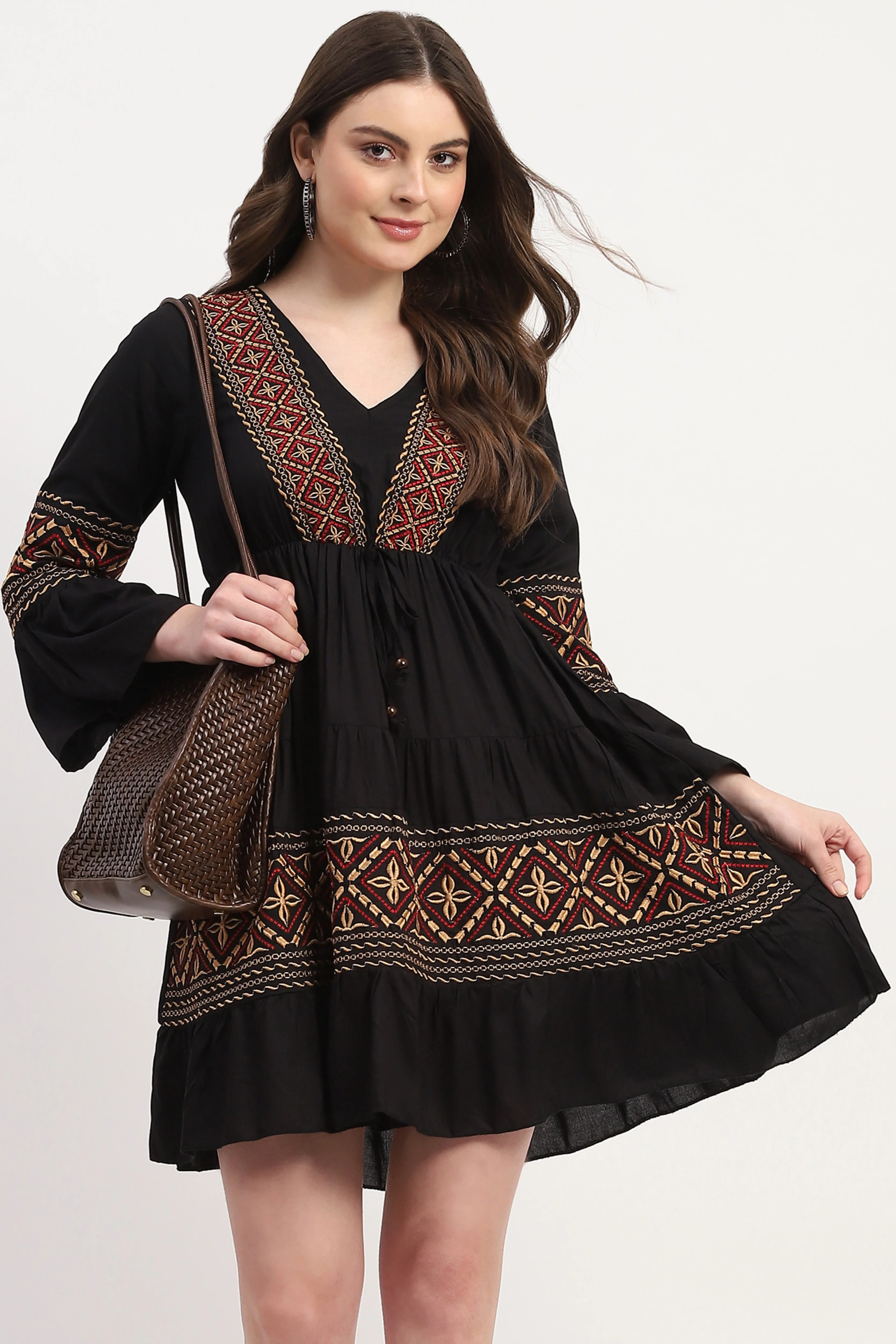 Black Rayon Embroidered Dress - Image 3