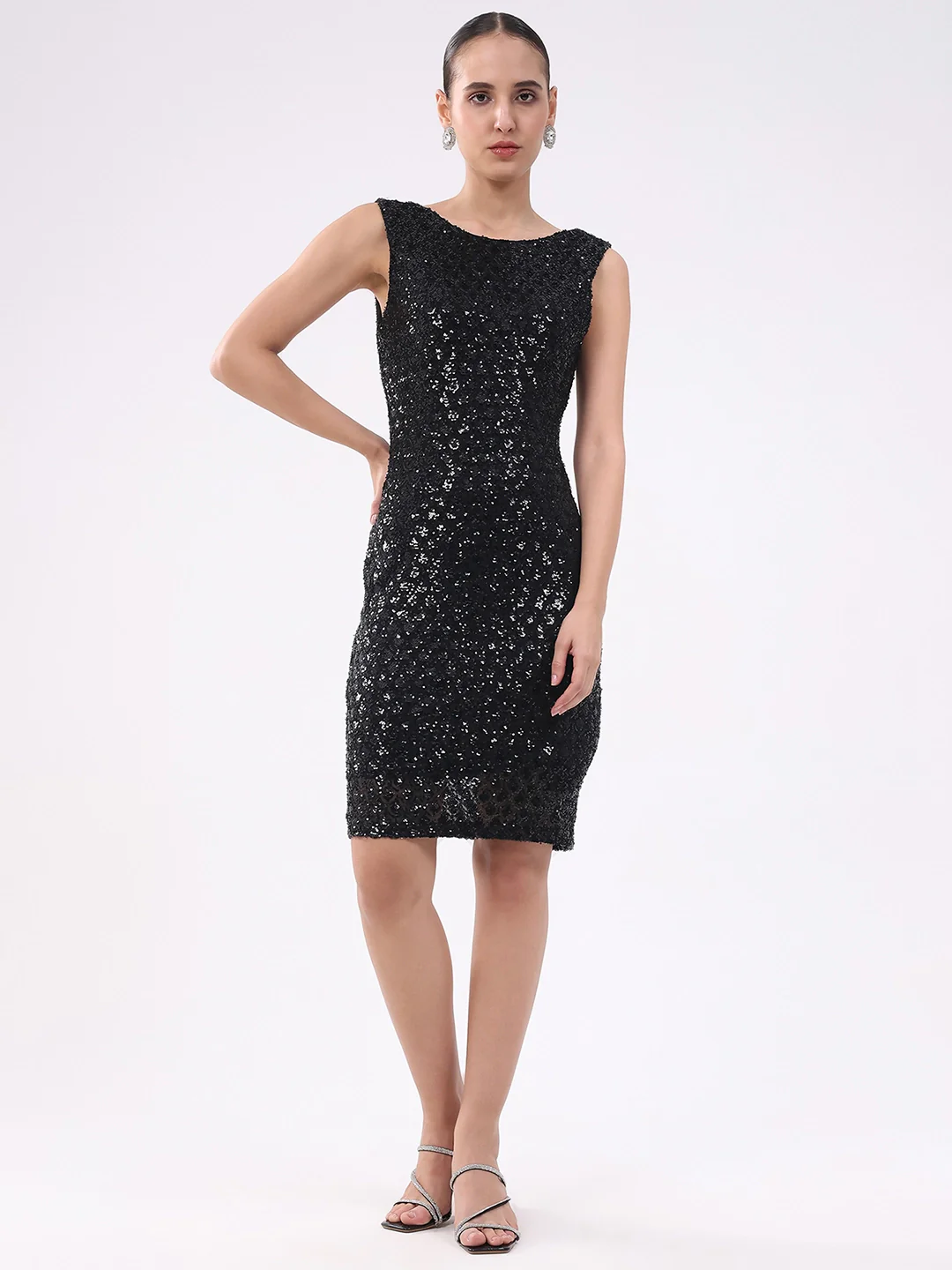 Black Sequined Stretch Sheath Dress - Image 9