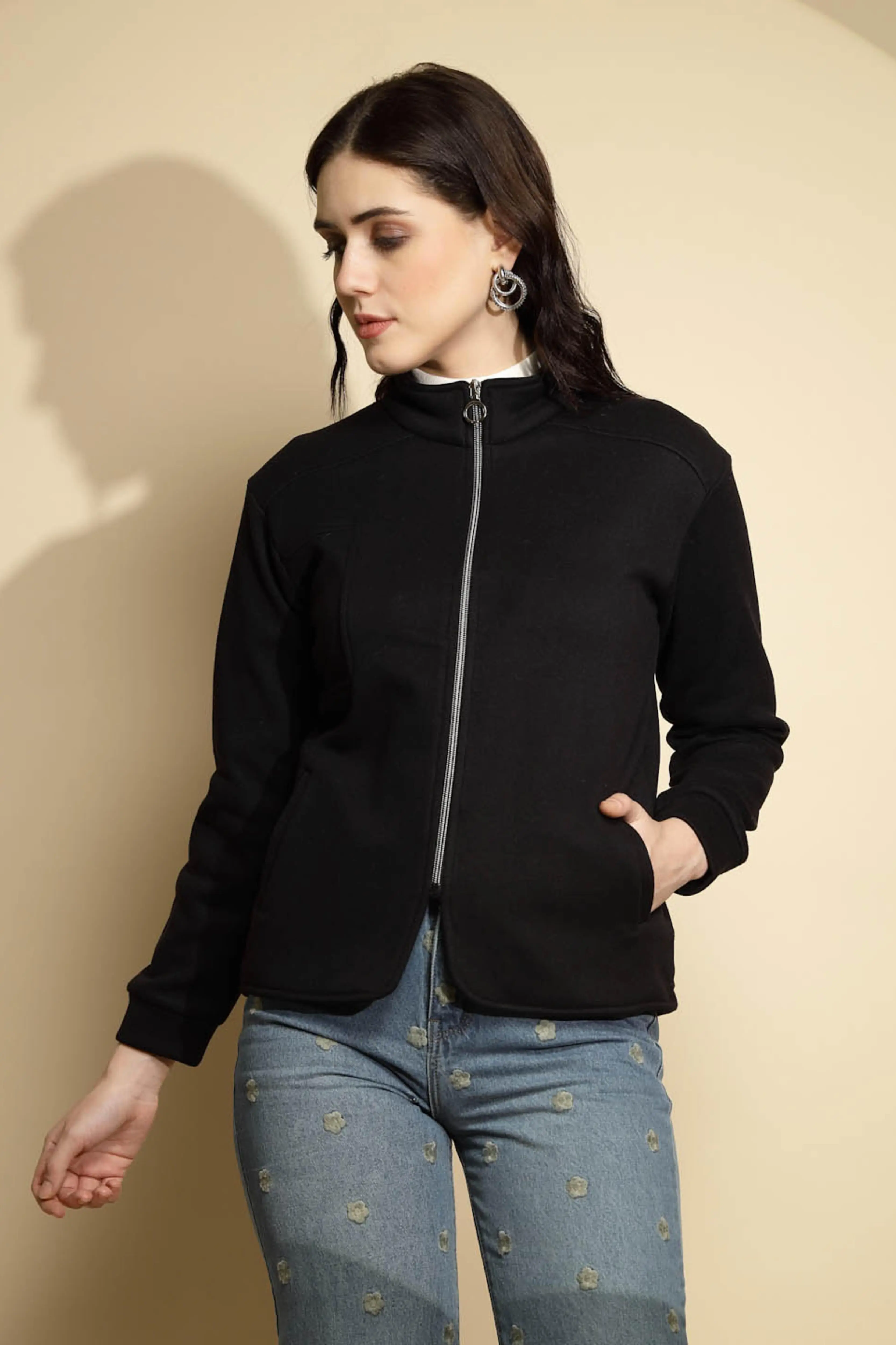 Black Solid Full Sleeve Turtle Neck Fleece Sweatshirt - Image 7
