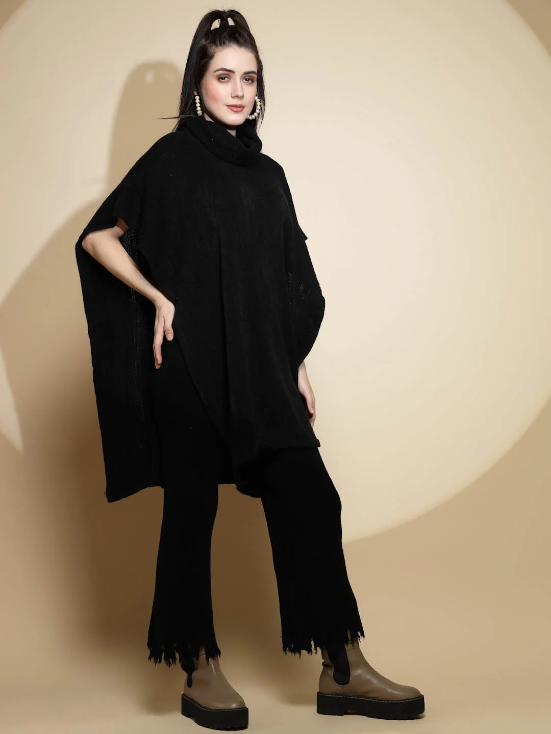 Black Solid Acrylic Poncho - Image 4