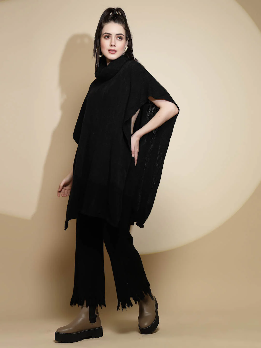 Black Solid Acrylic Poncho - Image 6