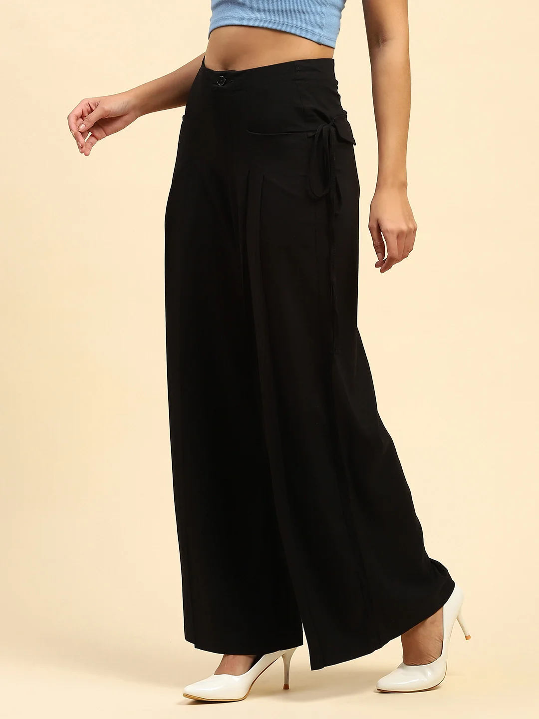 Black Solid Cotton Loose Fit Palazzo - Image 8