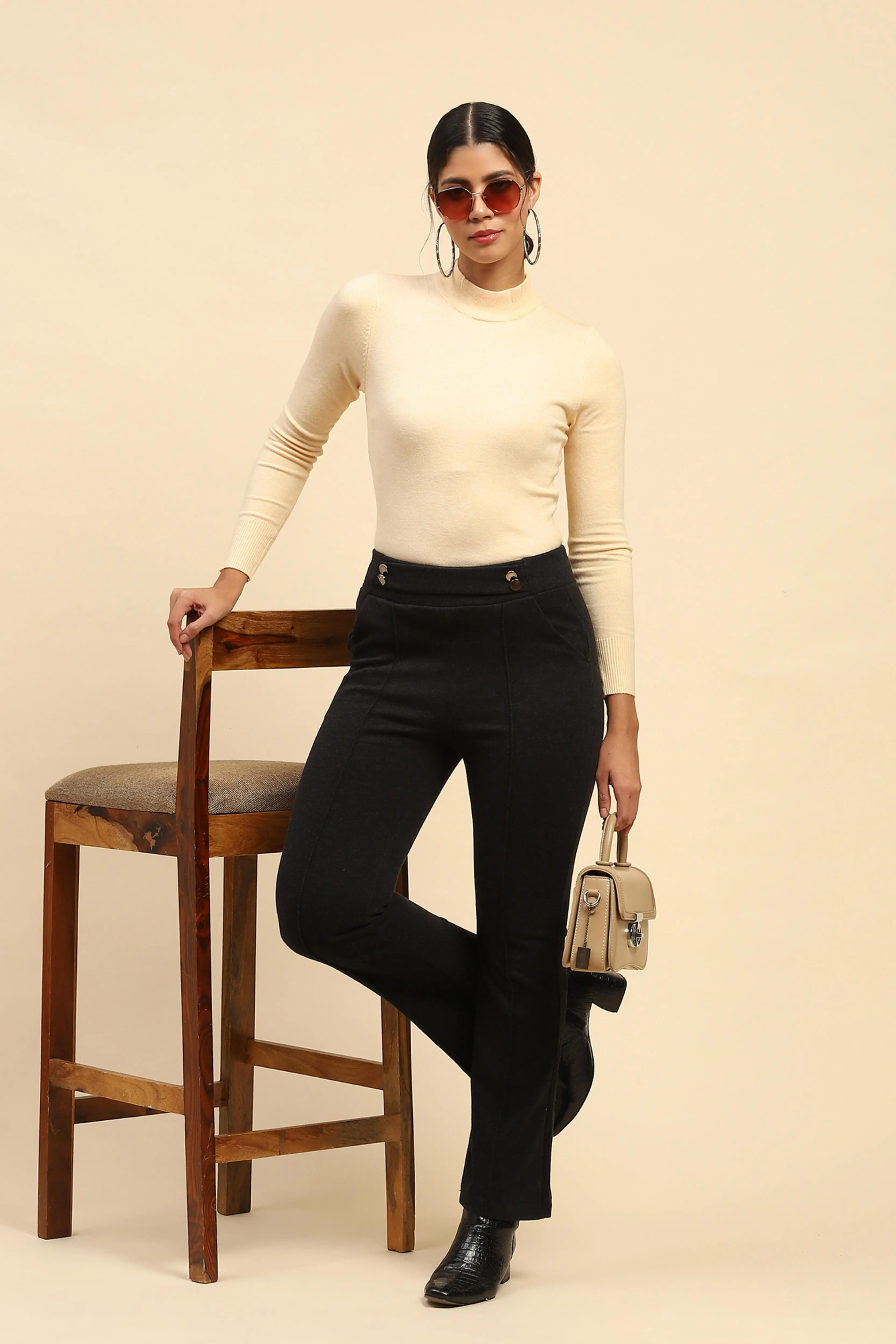 Black Solid Viscose Winter Trouser - Image 6