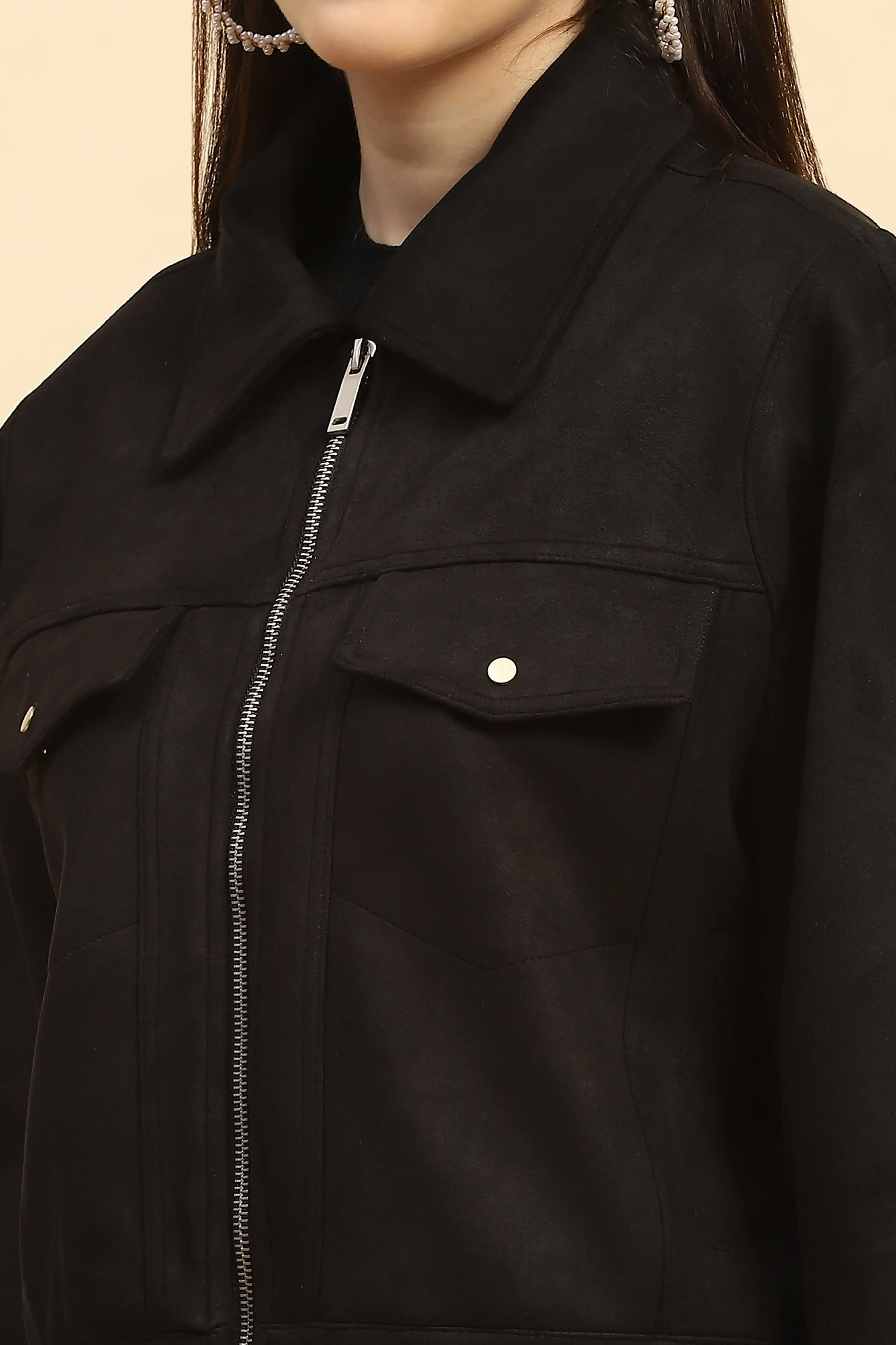 Black Solid Suede Relaxed Fit Jacket - Image 5