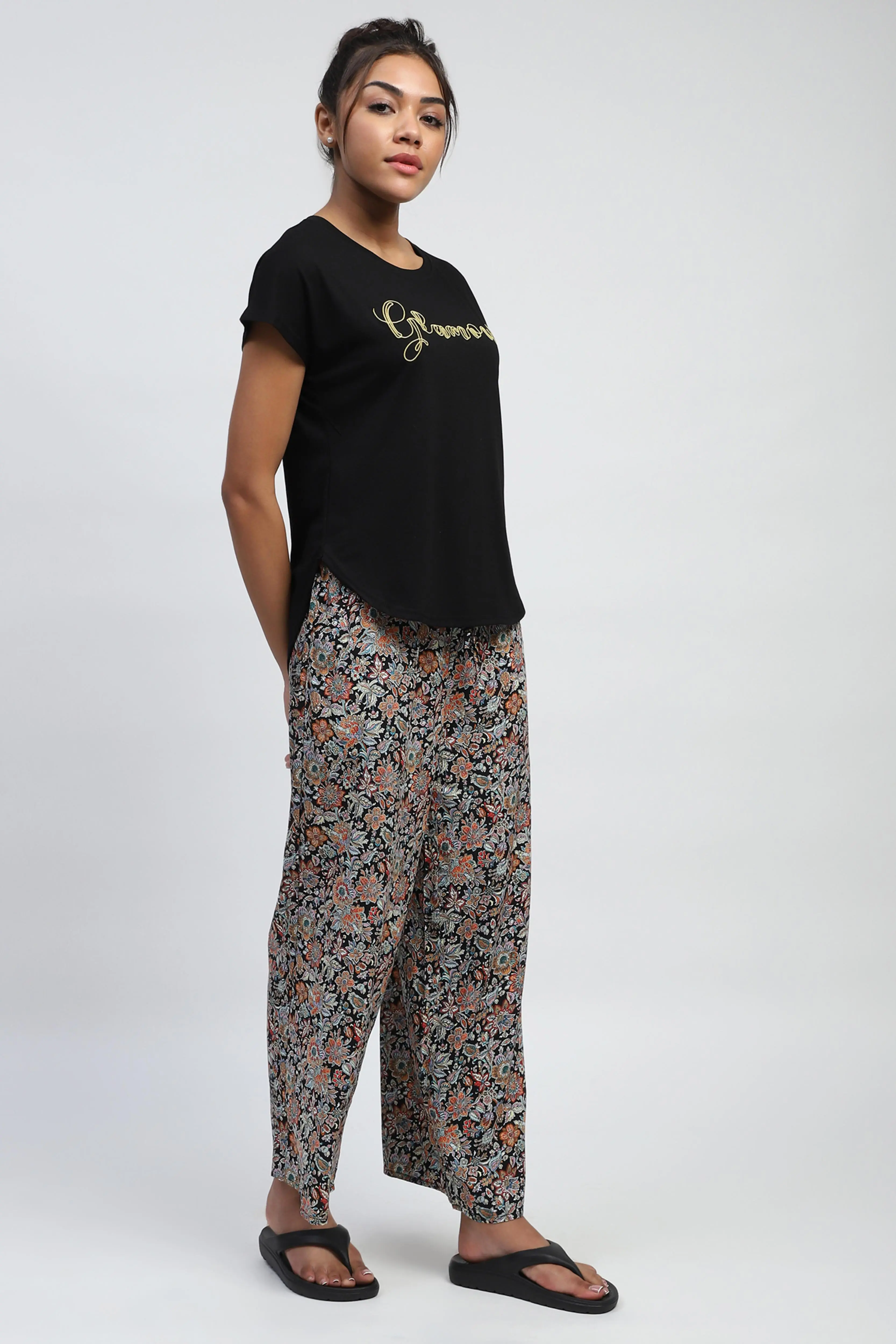 Black Floral Rayon Loungewear - Image 3