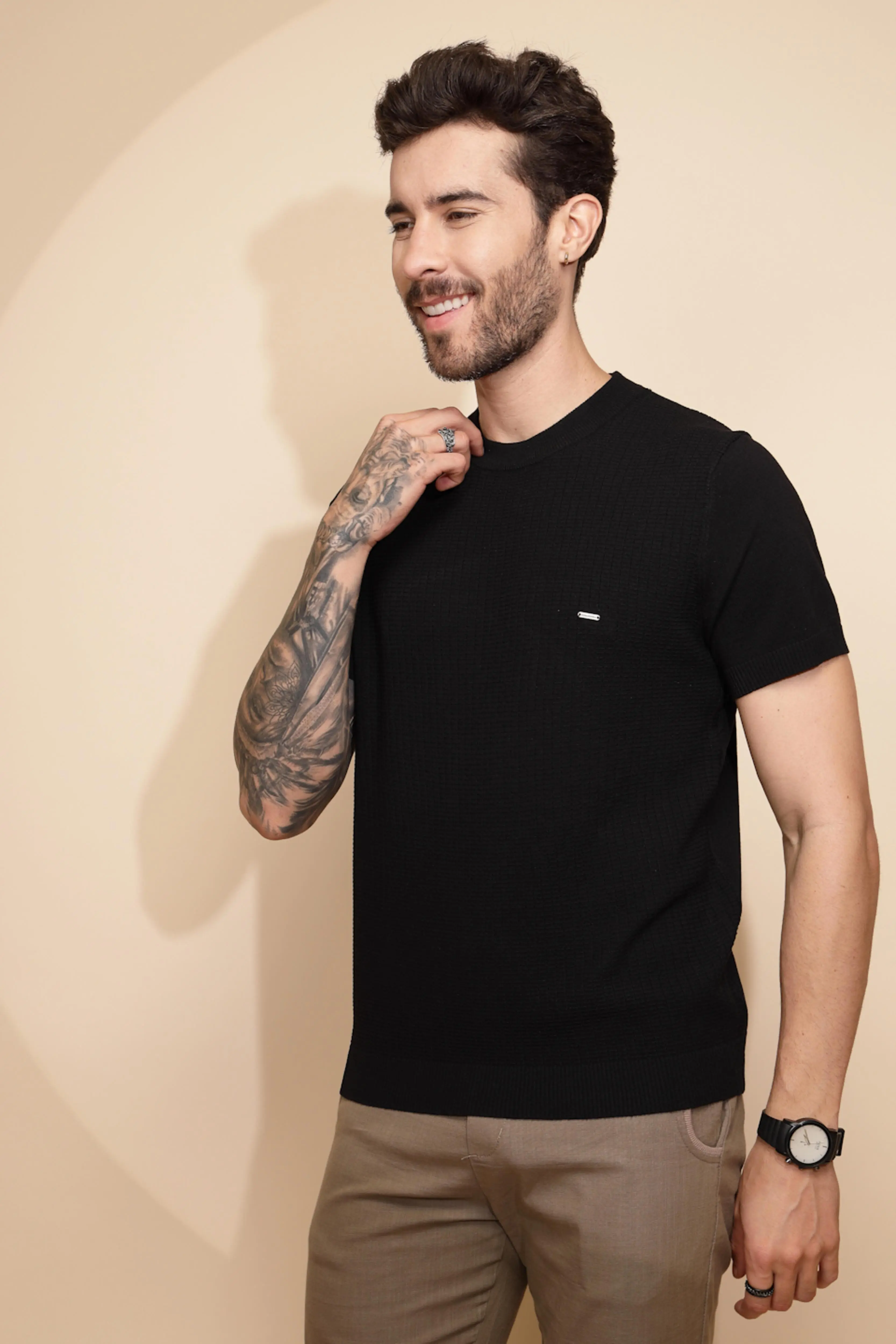 Black Viscose Blend Regular Fit T-Shirt - Image 2