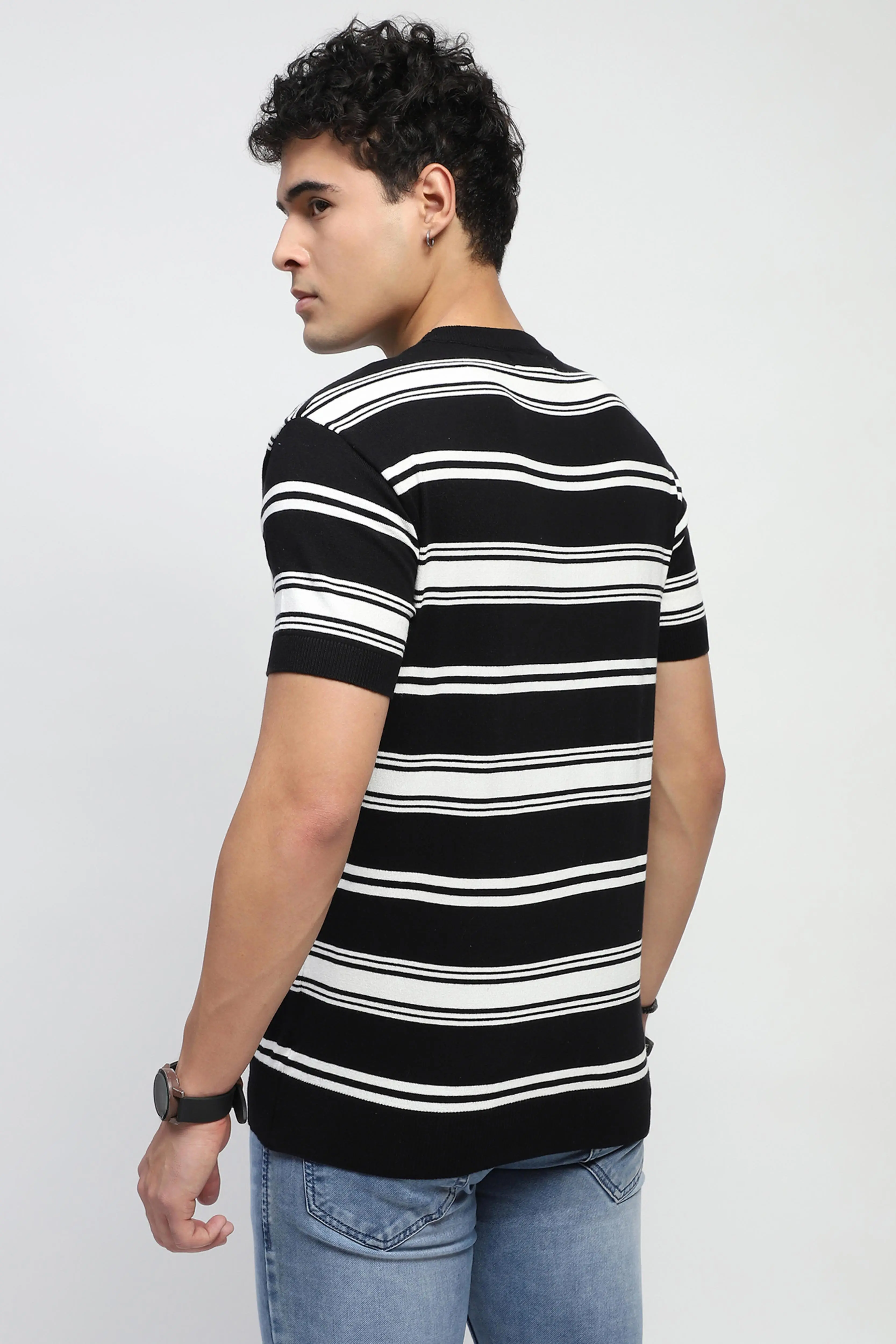Black Striped Knitted Cotton T-Shirt - Image 4