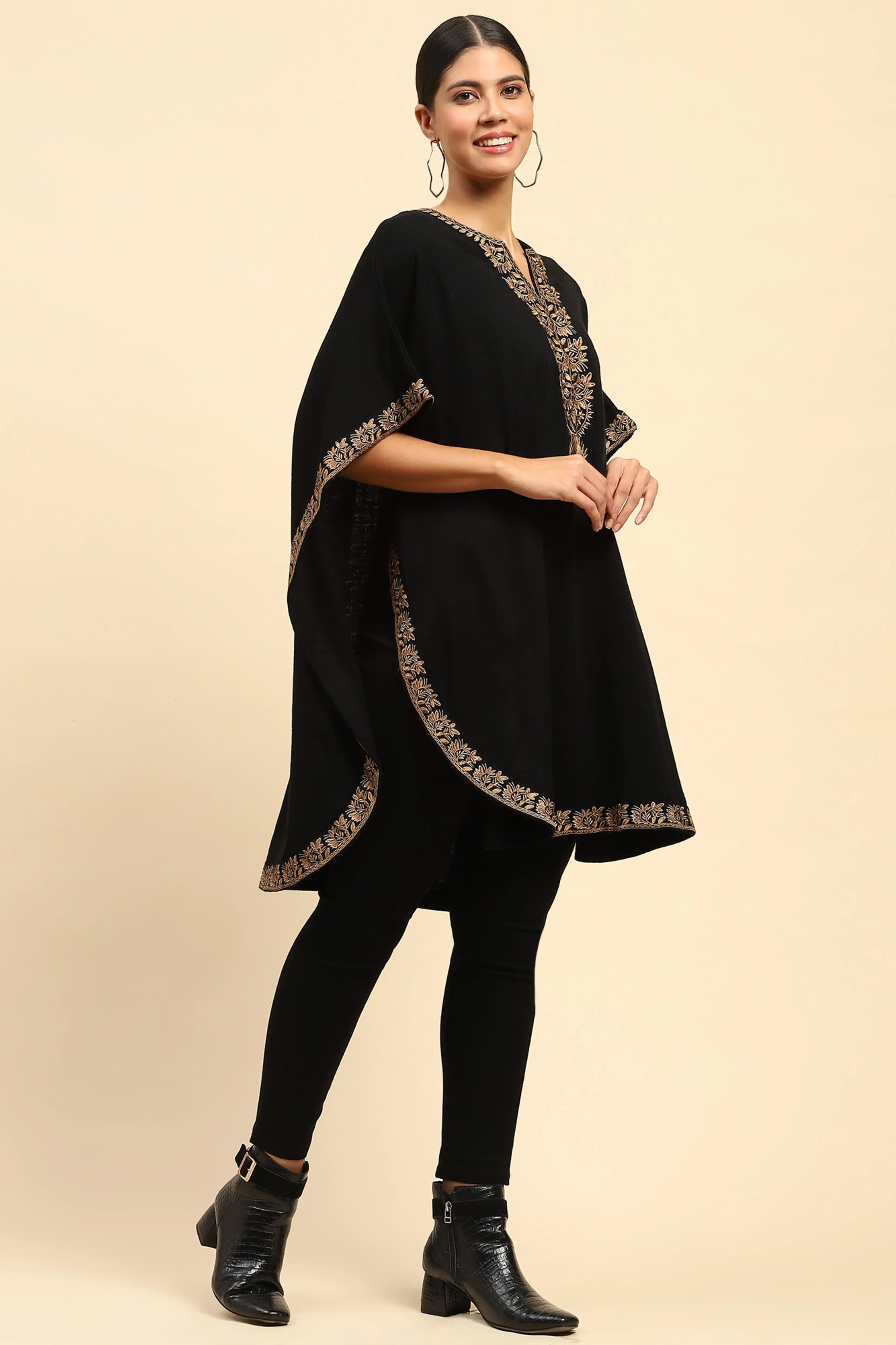 Black Woolen Embroidered Cape - Image 2