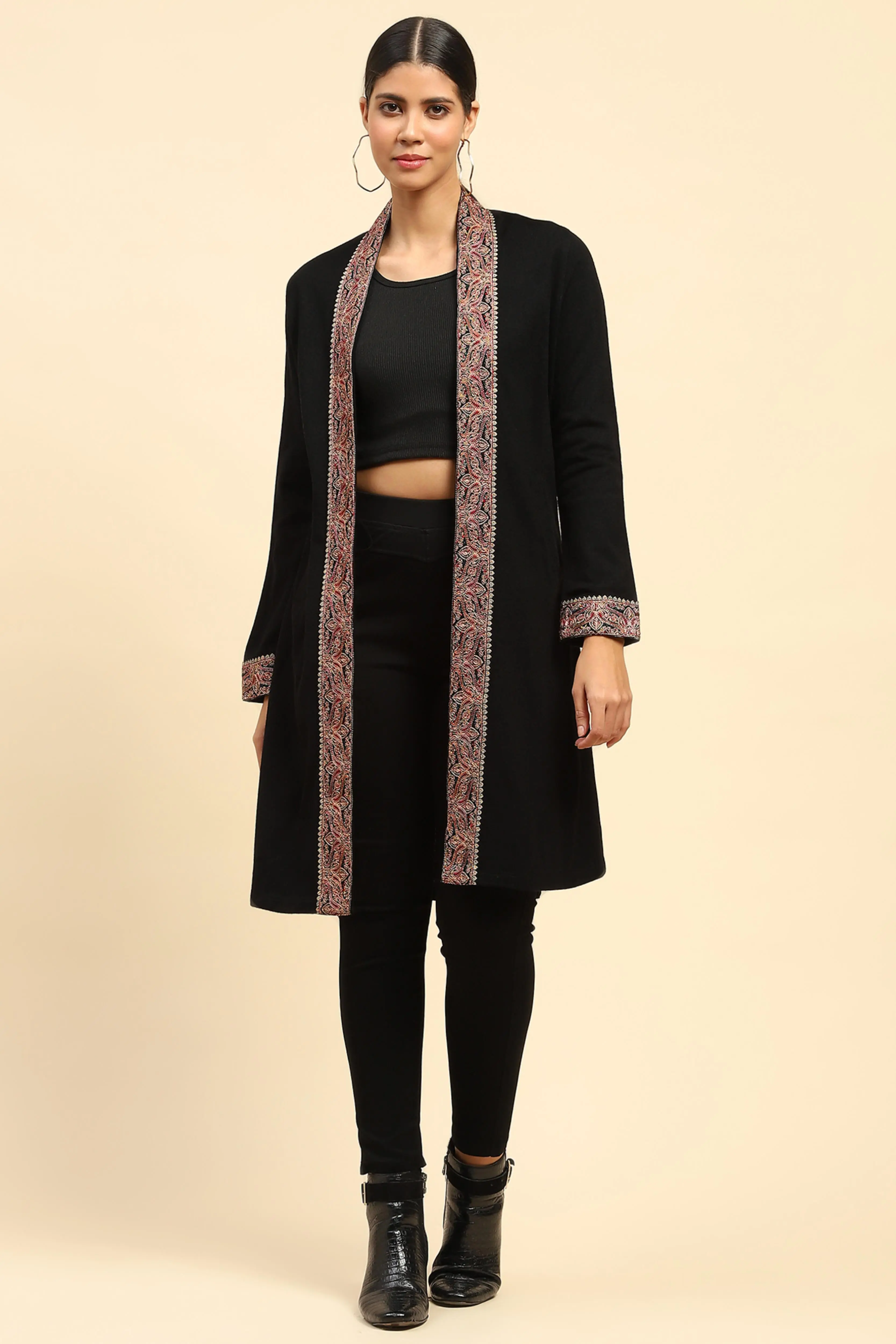 Black Woolen Thread Embroidered Shrug